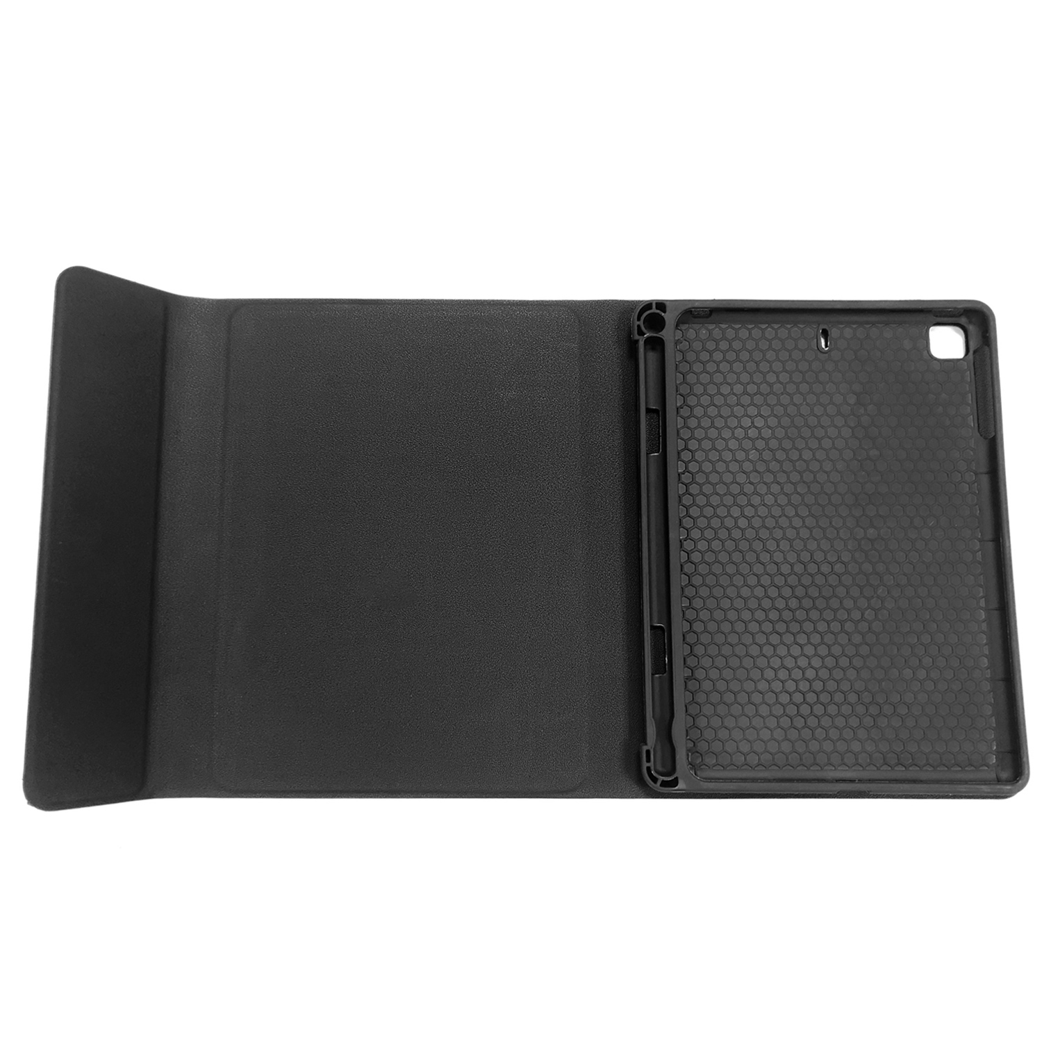 Schwarzes Tablet-Etui, offen, mit strukturiertem Innenteil und Aussparungen.