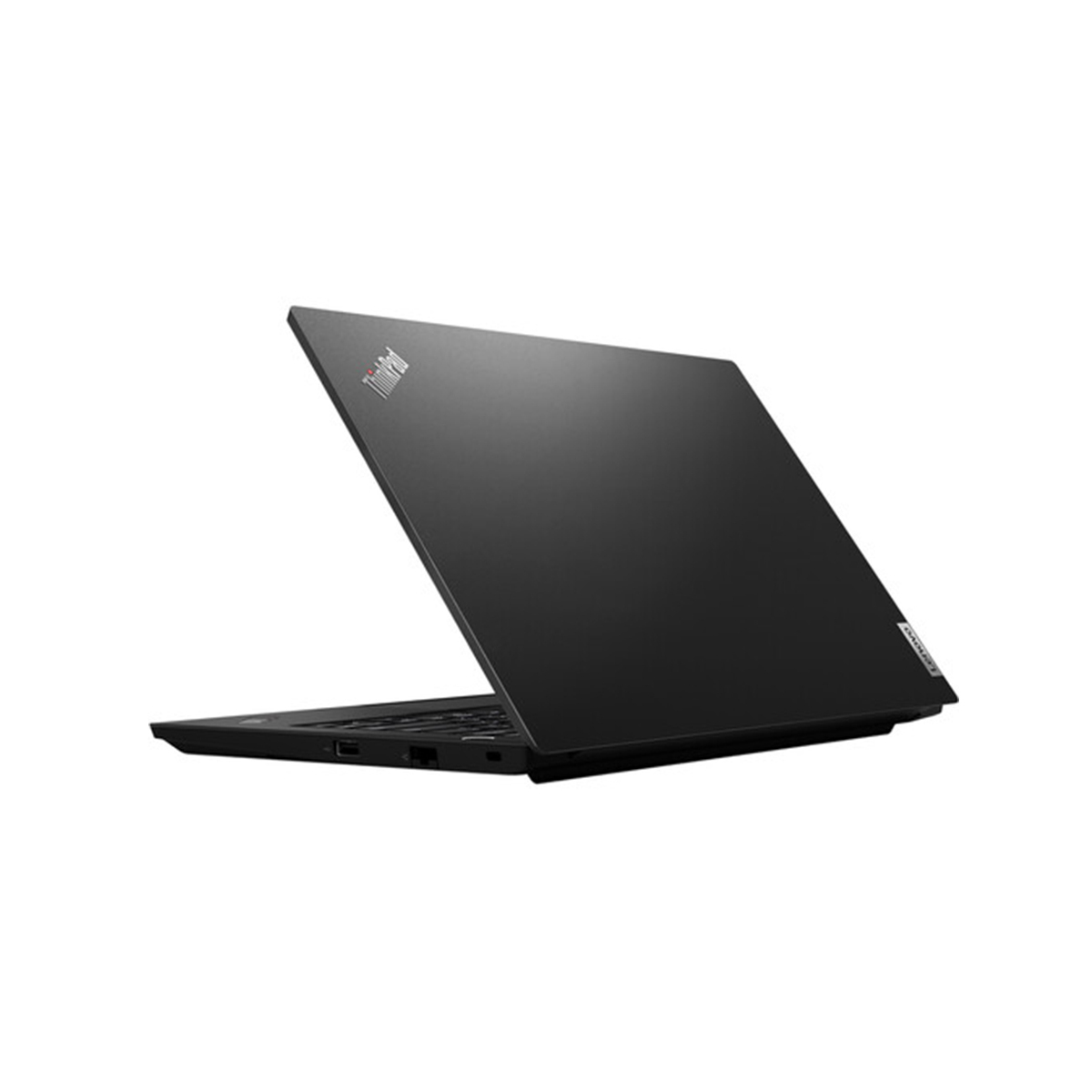 Schwarzer Laptop mit geöffnetem Deckel, auf weißem Hintergrund.