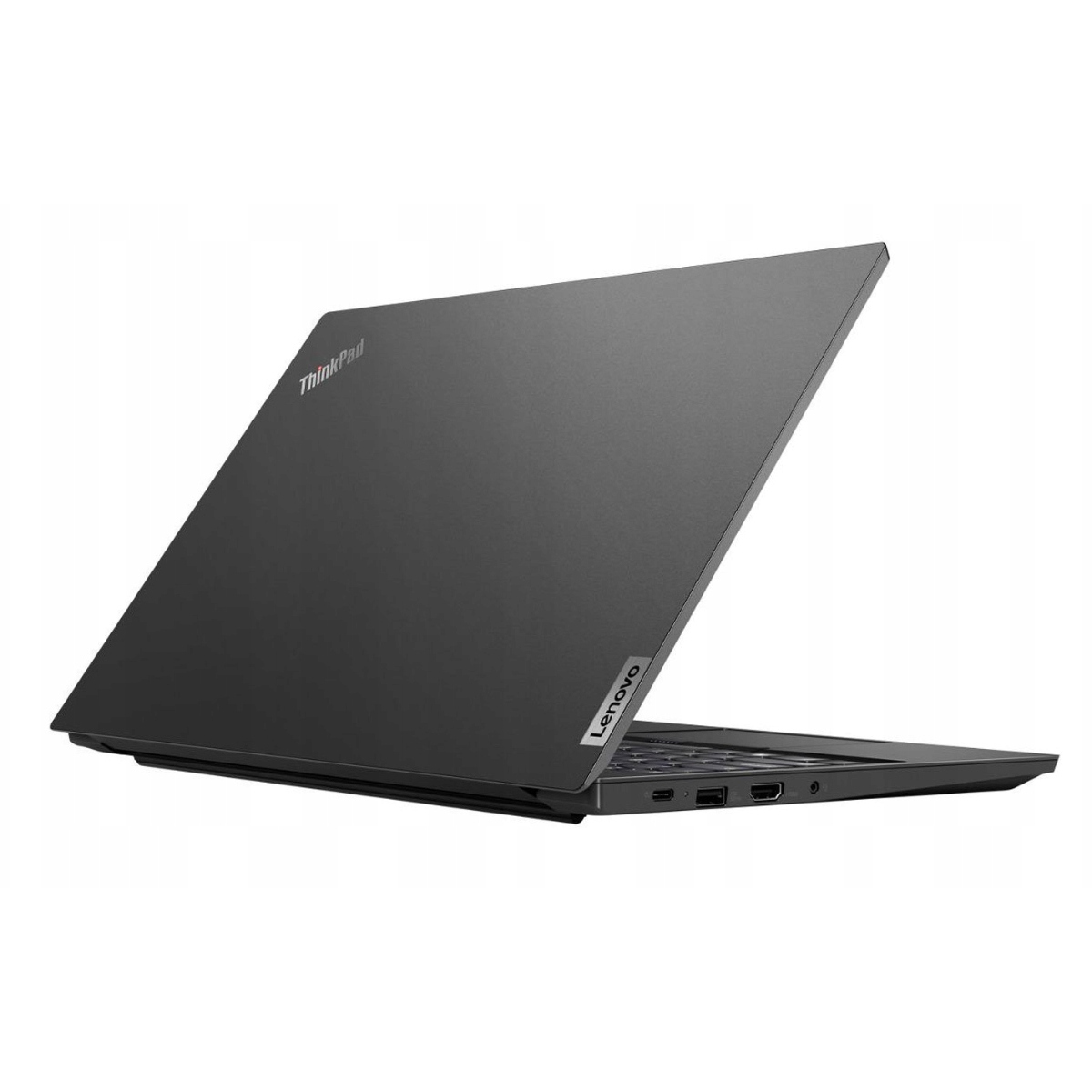 Ein geschlossener schwarzer Lenovo ThinkPad Laptop, mit Anschlüssen an der Seite.