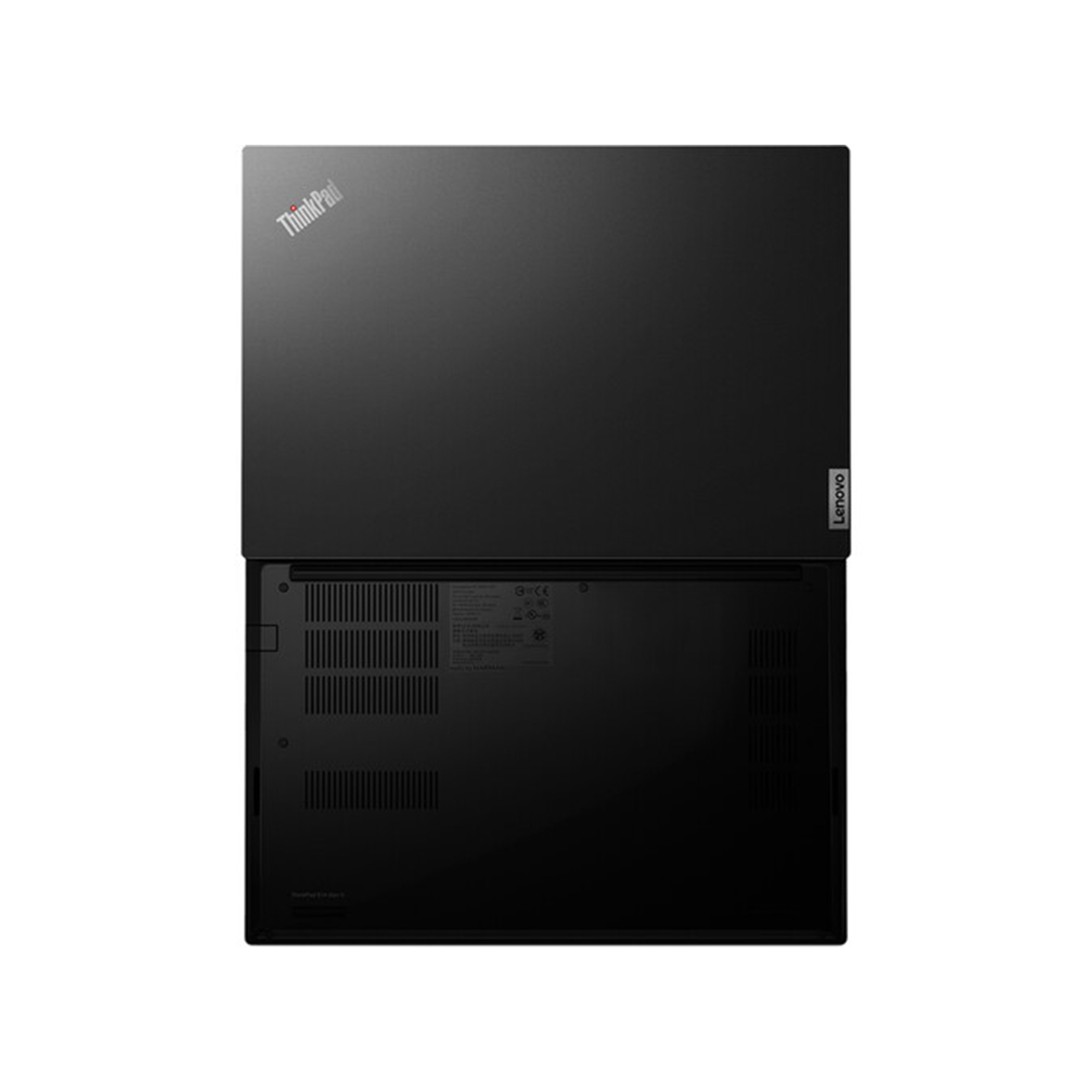 Schwarzer Laptop von oben, mit ThinkPad-Logo und Lüftungsschlitzen.