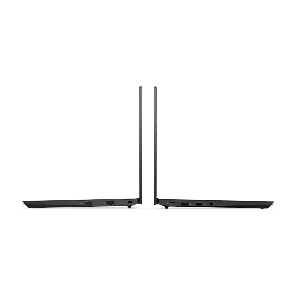 Zwei schwarze Laptops, von der Seite gezeigt, mit Anschlüssen auf beiden Seiten.