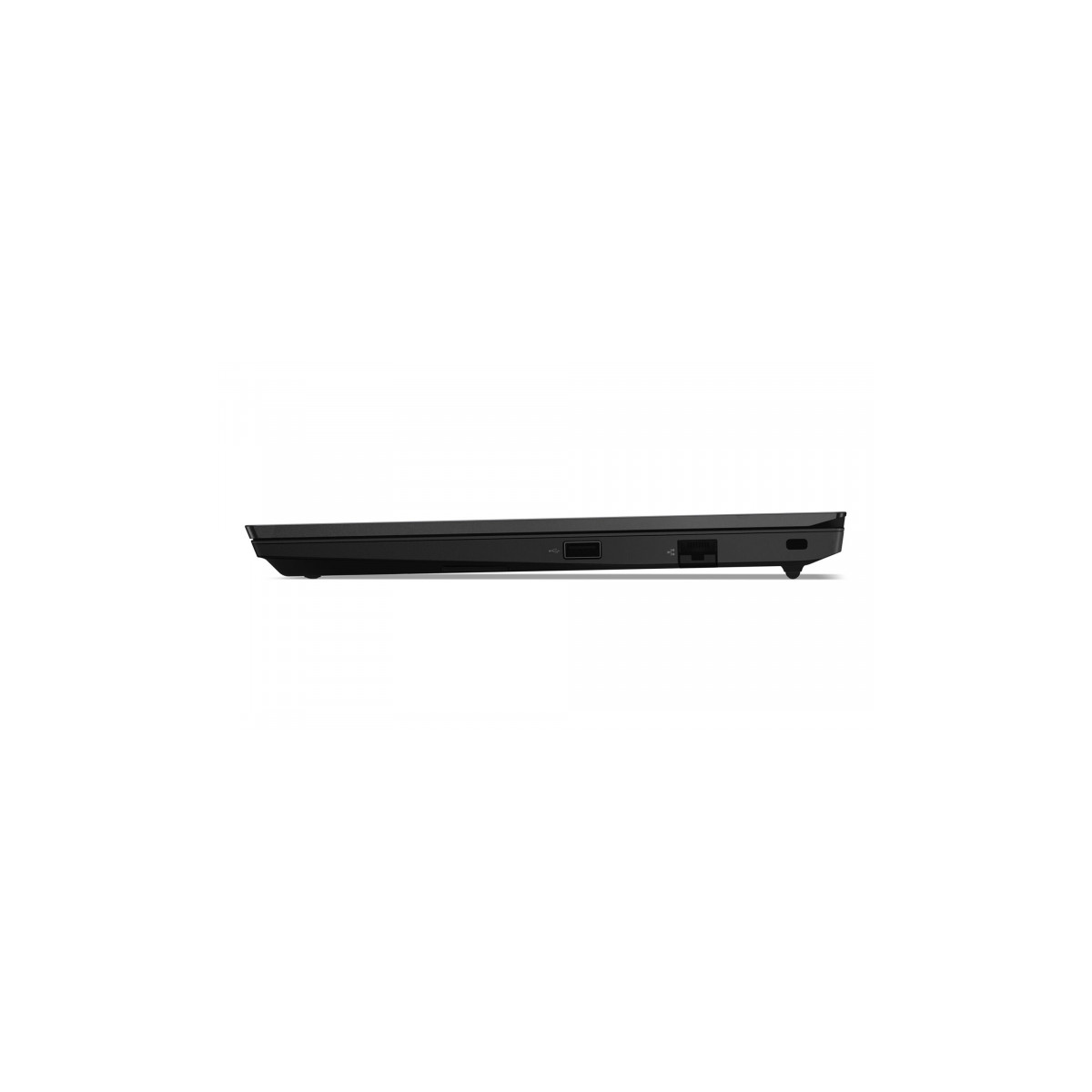 Seitliche Ansicht eines schwarzen Laptops mit Anschlüssen. Minimalistisches Design.