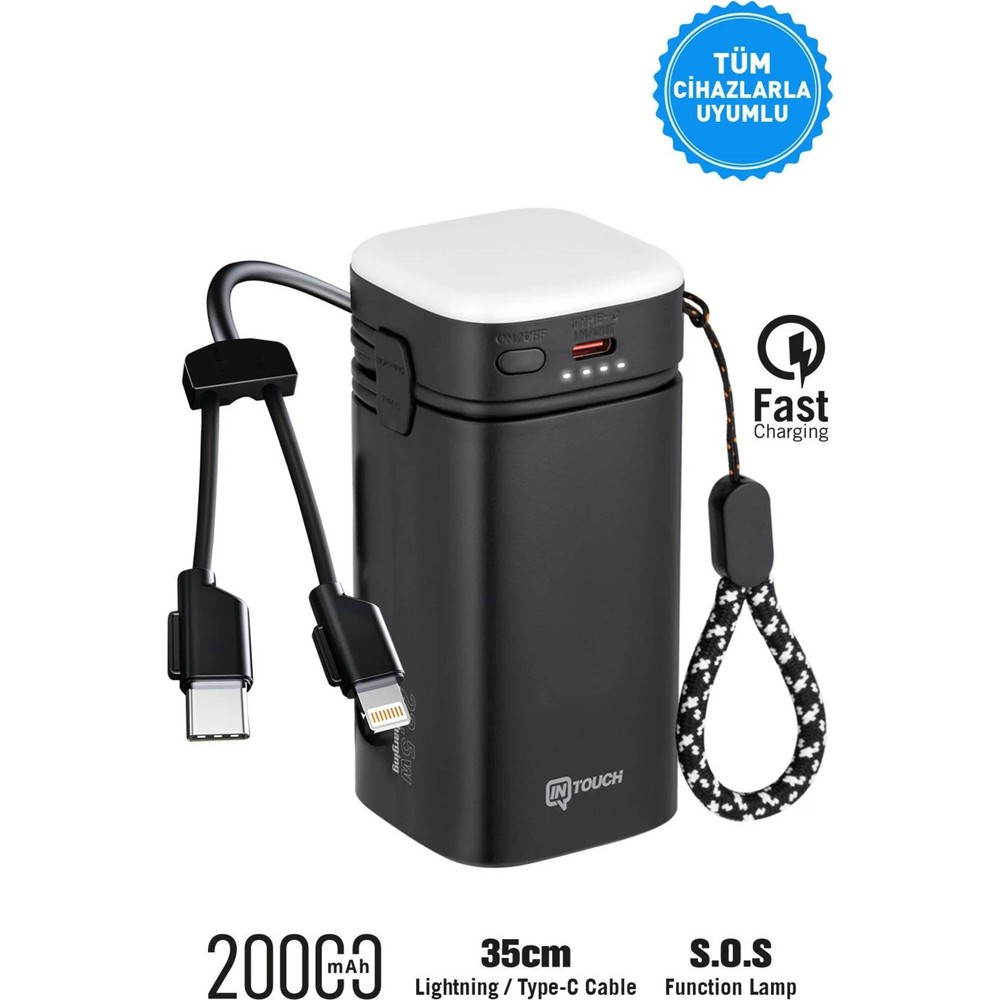 Beyaz ışıklı, şarj kablolu siyah powerbank hoparlör. SOS özellikli.
