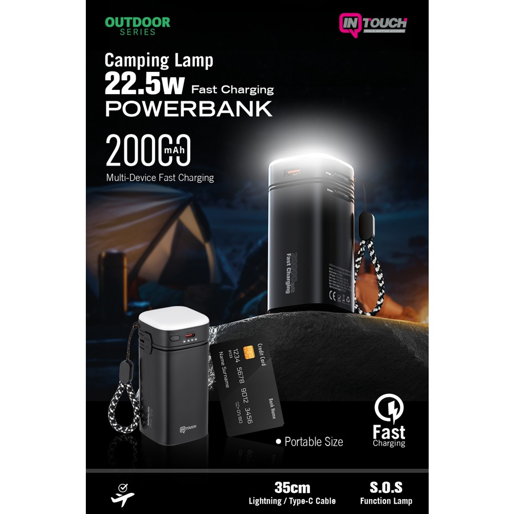 Siyah 20000 mAh kamp lambası powerbank, kredi kartı ve çadır yanında.