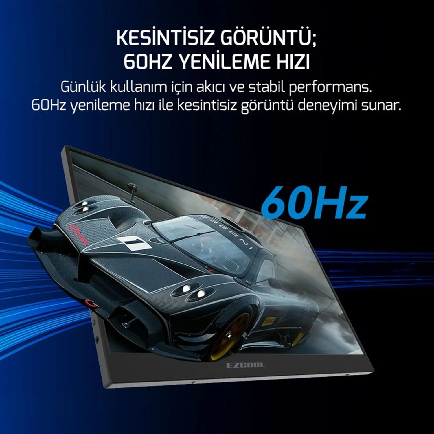 Bir monitör, mavi ışık çizgileri ve '60Hz' yazısı olan siyah bir spor araba gösteriyor.