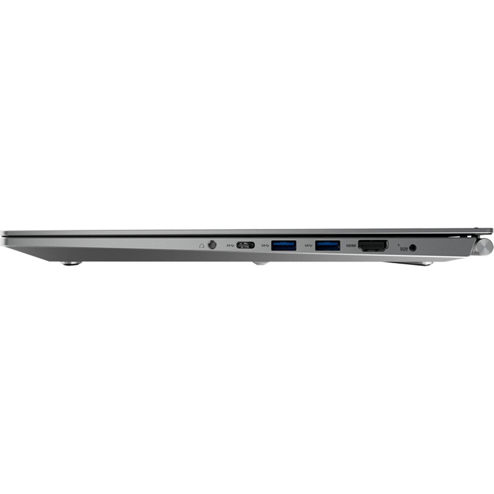 Gümüş laptopun yan görünümü, bağlantı noktaları: USB-C, USB-A, HDMI, SD kart okuyucu.