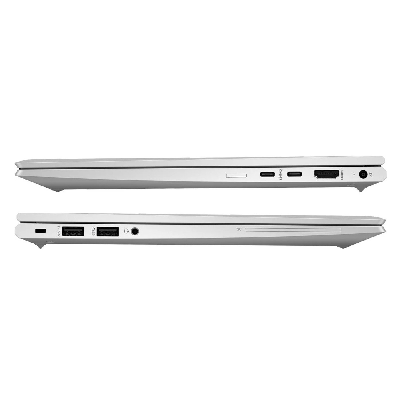 Zwei Ansichten eines silbernen Laptops mit Anschlüssen: USB-C, HDMI, SD-Kartenleser.
