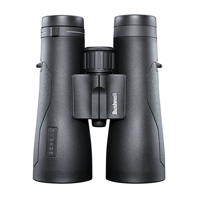 Schwarze Bushnell Engage-Ferngläser mit Fokusrad und texturiertem Griff, auf weißem Hintergrund.