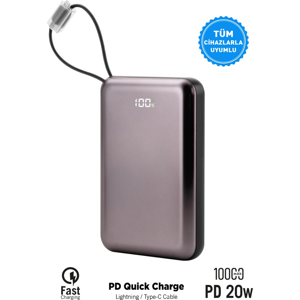 Gri powerbank %100 şarj gösteriyor, 10000mAh, PD 20W.