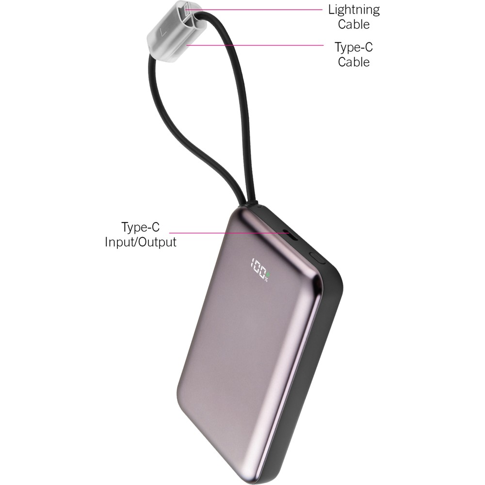 Kablolu gri powerbank ve %100 şarj göstergesi.