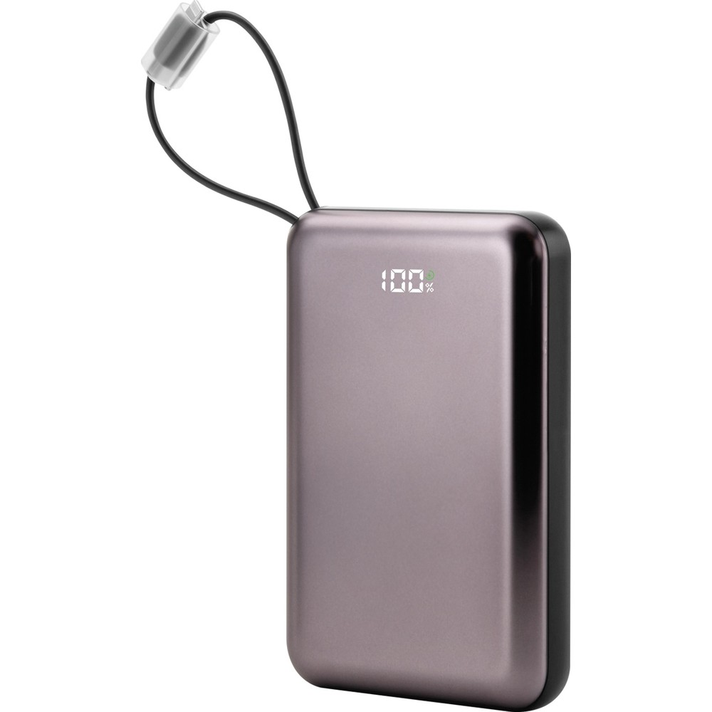 Gri powerbank, %100 göstergeli ve kordonlu, beyaz arka plan.