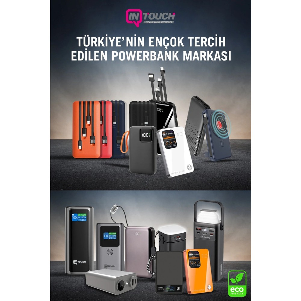 Çeşitli renk ve boyutlarda powerbanklar, bazılarında ekranlar bulunur.