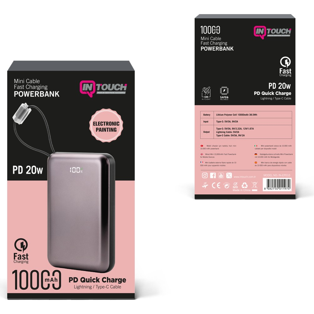 Kablolu gri güç bankası, 20W PD, 10000mAh.