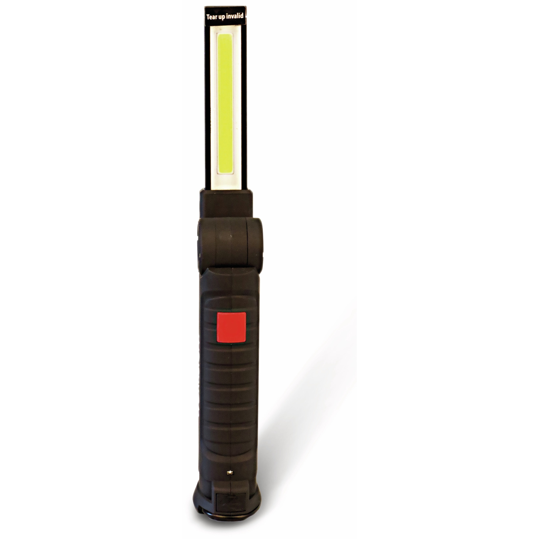 Una torcia da lavoro nera con striscia LED luminosa e pulsante rosso.