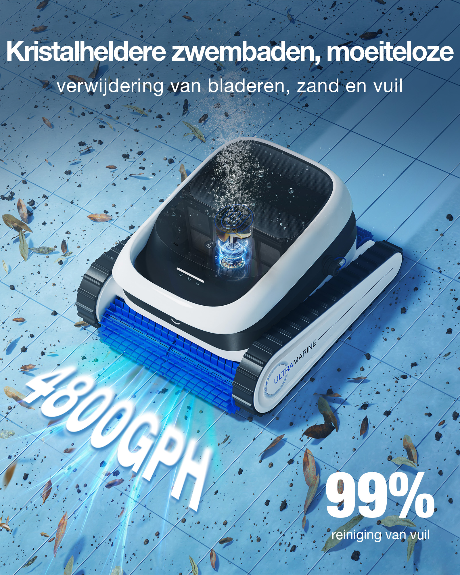 Een zwembadreiniger zuigt bladeren en vuil van een betegelde zwembadvloer.