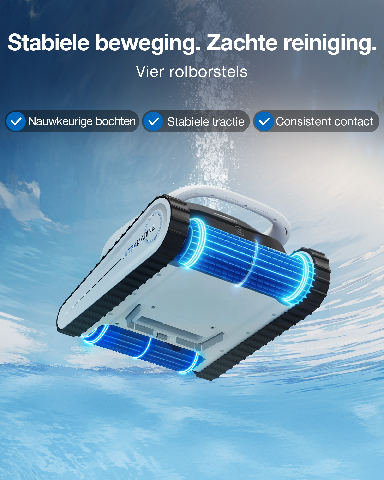 Een zwembadrobot met blauwe borstels onder water, die vooruit beweegt.
