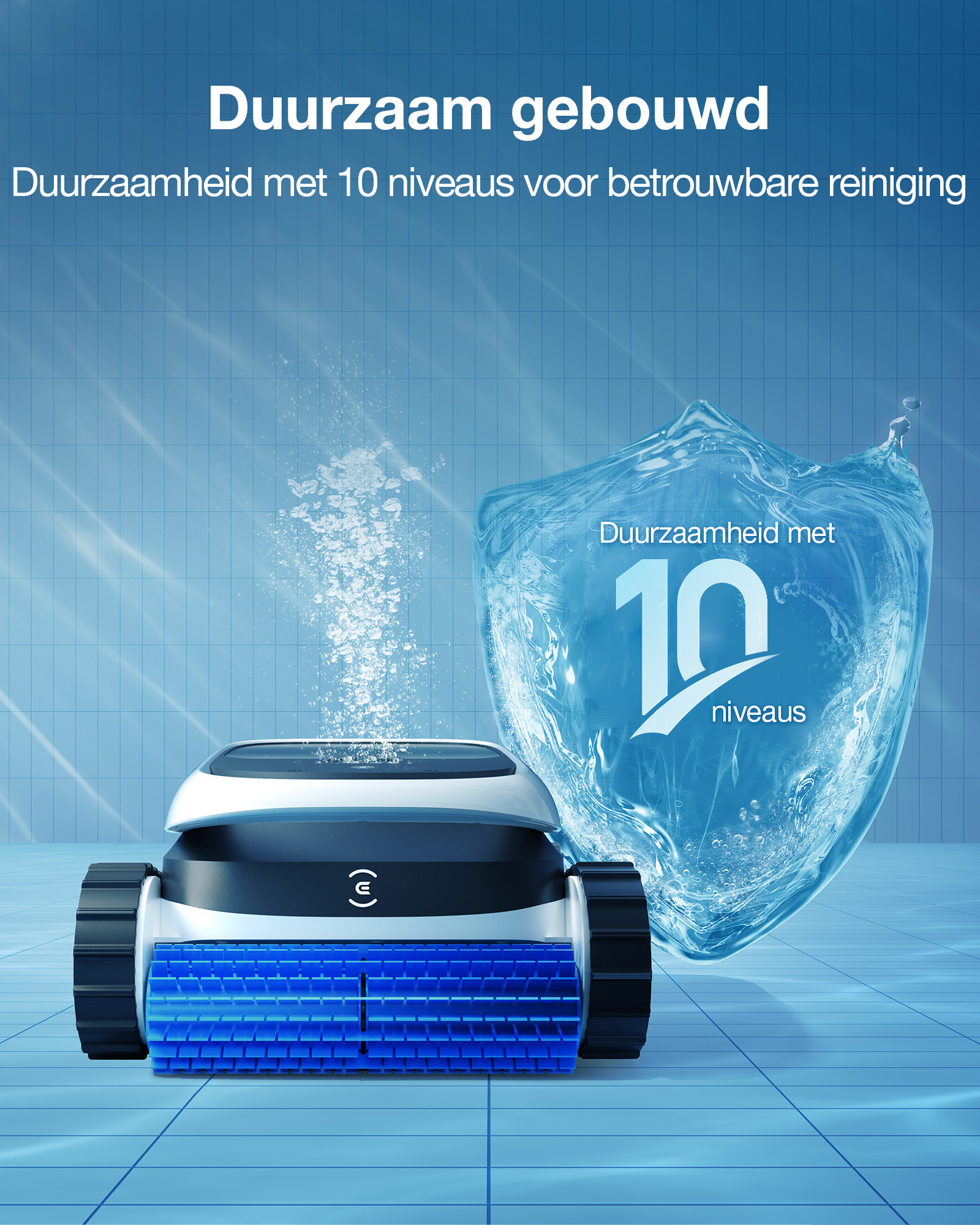Een zwembadrobot met blauwe borstels en wielen sproeit water in een schildvormige boog.