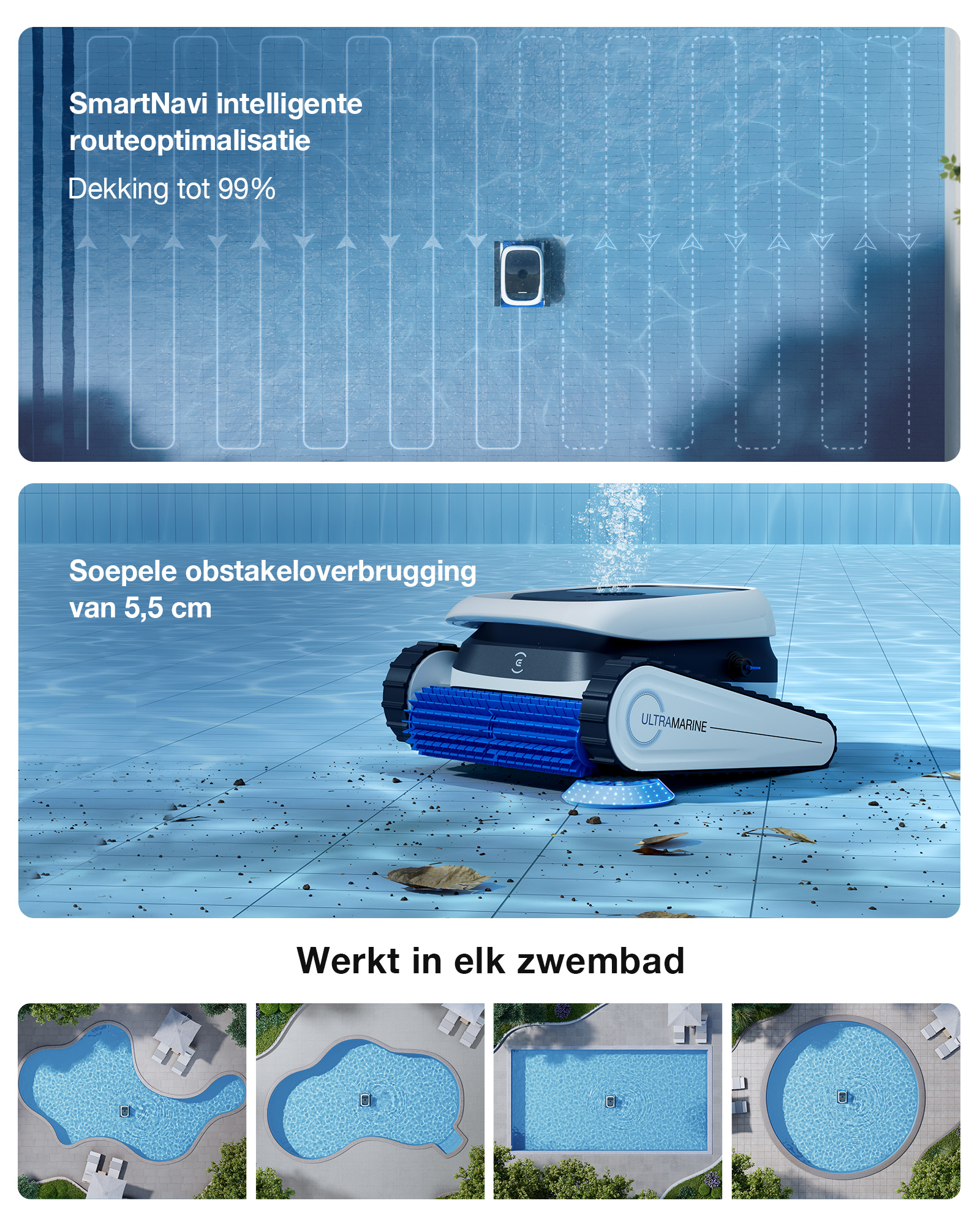 Een zwembadreiniger navigeert met patroon, 99% dekking.