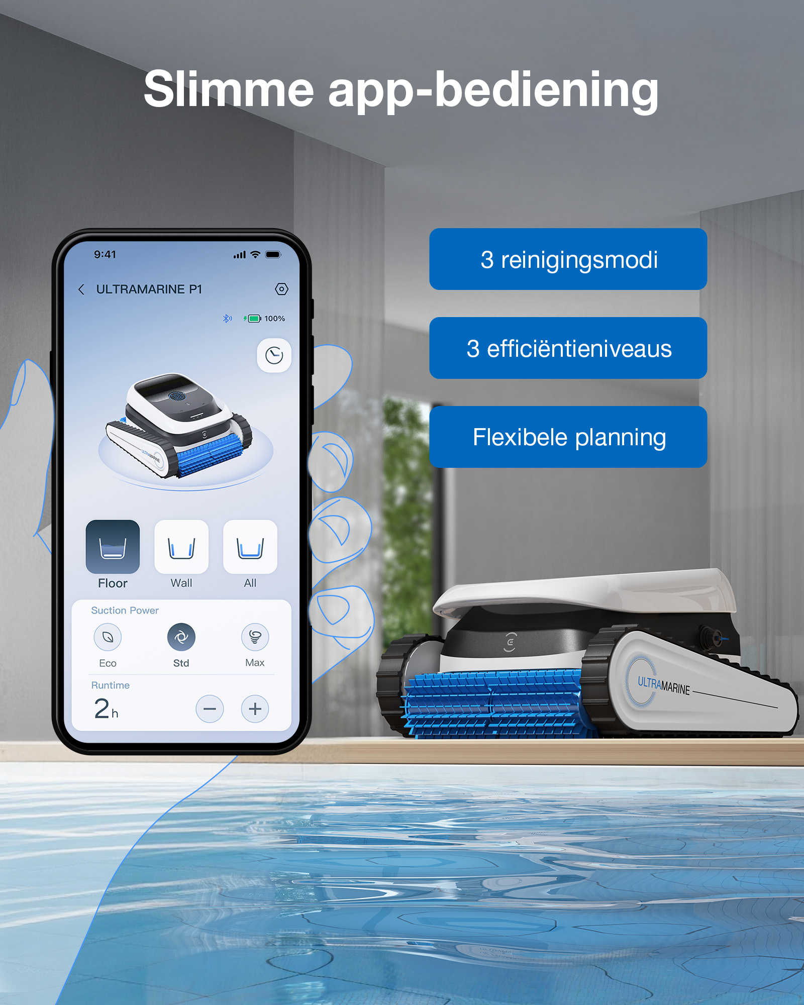 Een smartphone toont een app voor zwembadreinigers met opties voor reiniging, zuigkracht en looptijd.