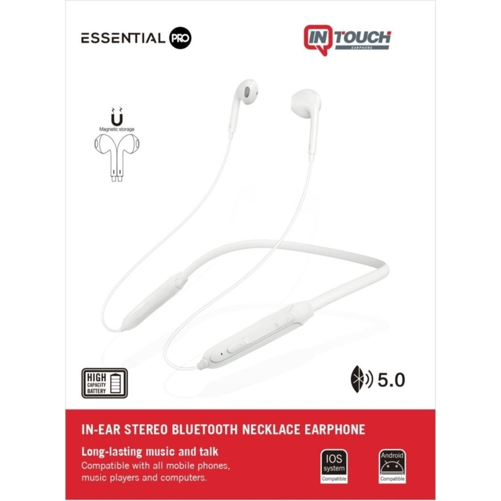 Yüksek pil kapasiteli ve 5.0 özellikli beyaz Bluetooth boyunluk kulaklık.