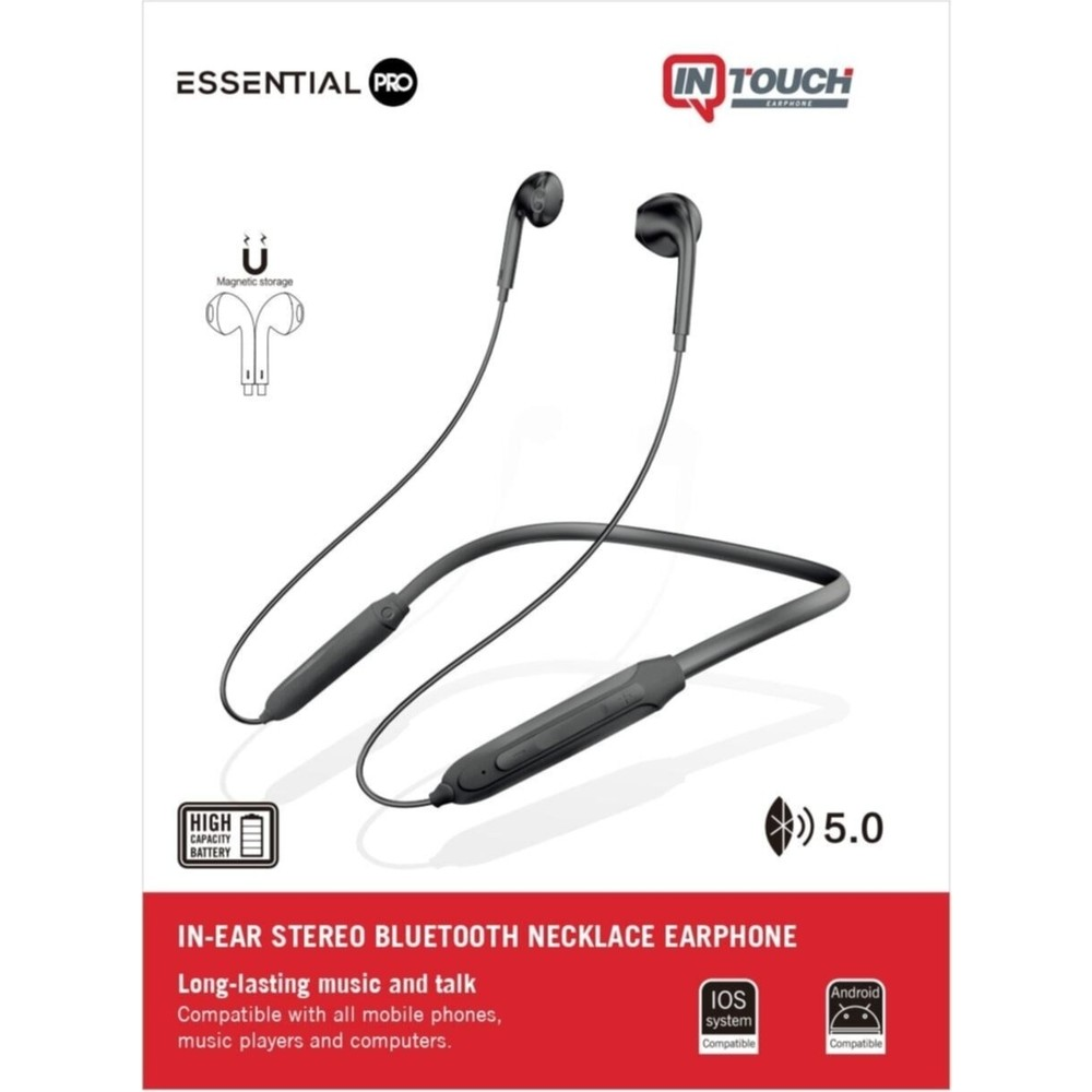 Boyun askılı, manyetik saklama özellikli, yüksek kapasiteli siyah kulak içi Bluetooth kulaklık.