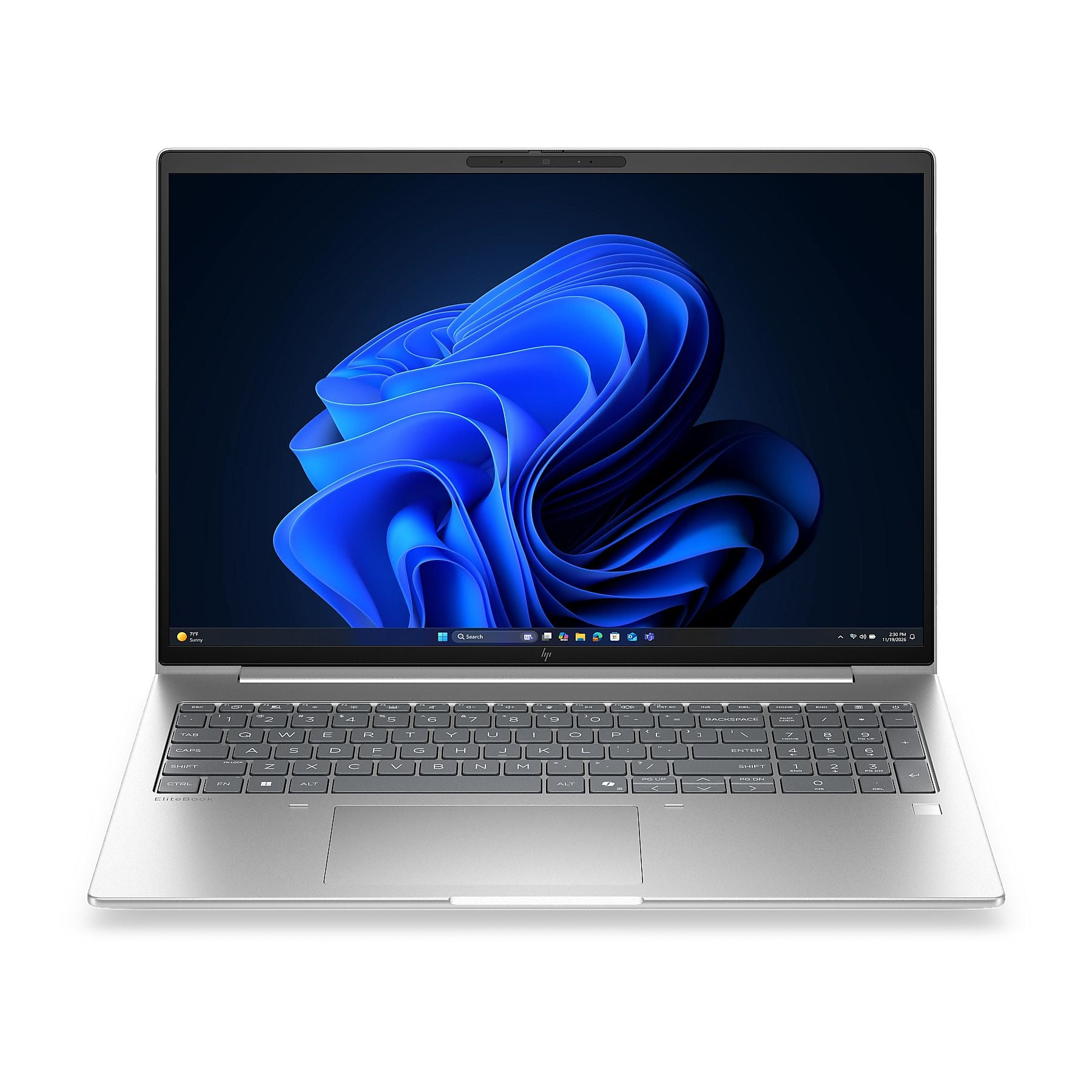 Un laptop argentato con sfondo blu scuro caratterizzato da forme ondulate blu.