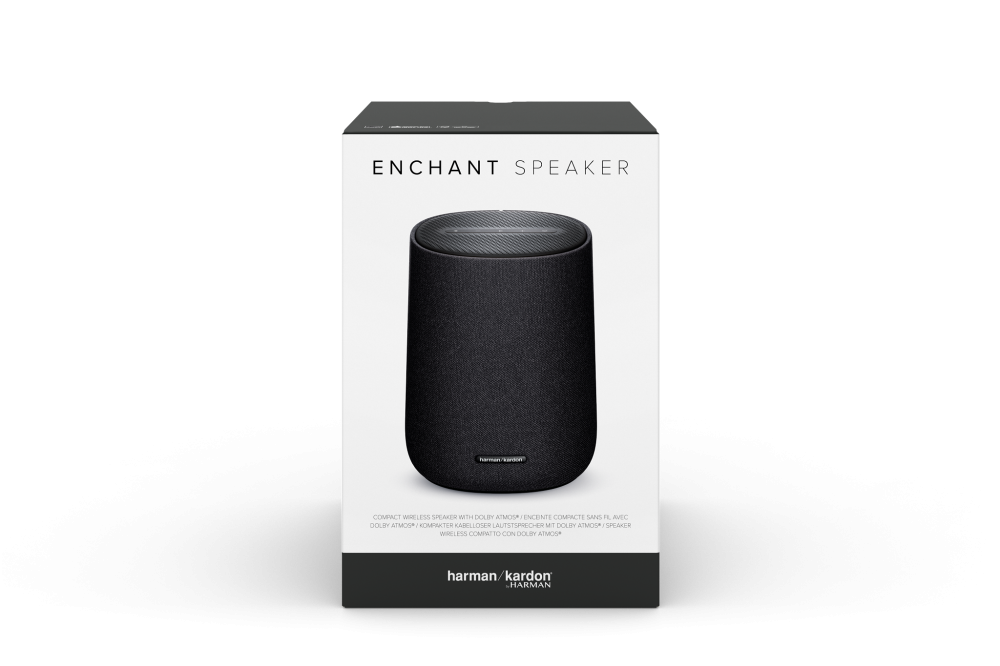 Opakowanie czarnego, cylindrycznego głośnika Harman Kardon.