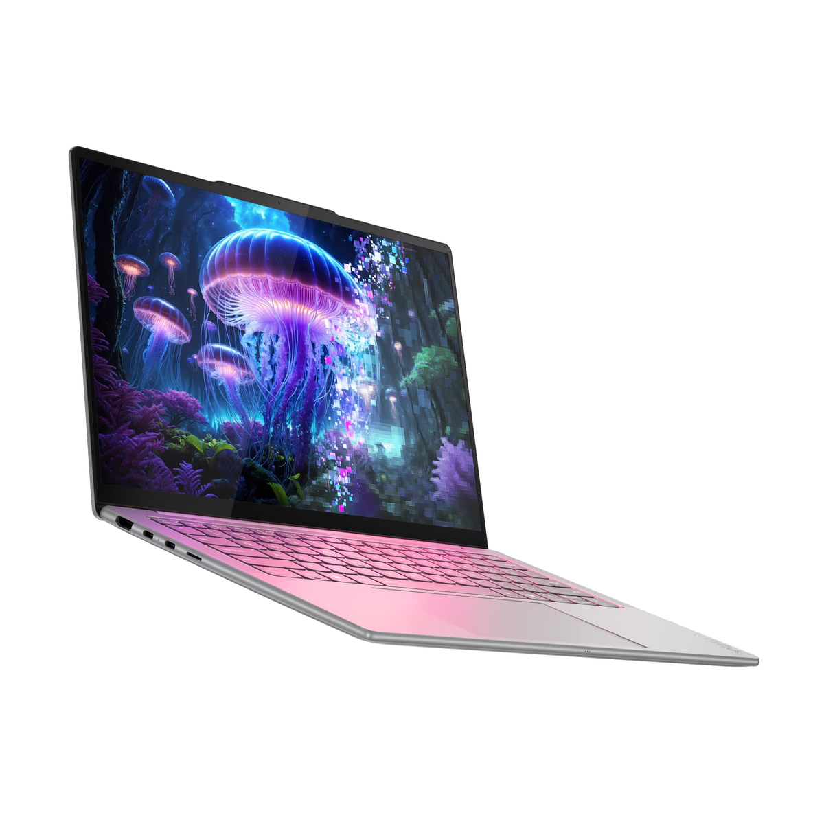 Un portátil rosa muestra un bosque submarino iluminado con medusas en pantalla.