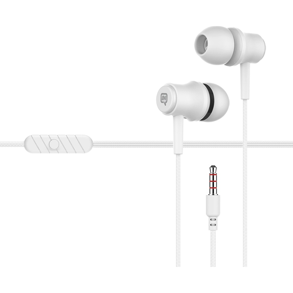 Inline mikrofonlu ve 3,5 mm ses jaklı beyaz kulak içi kulaklık.