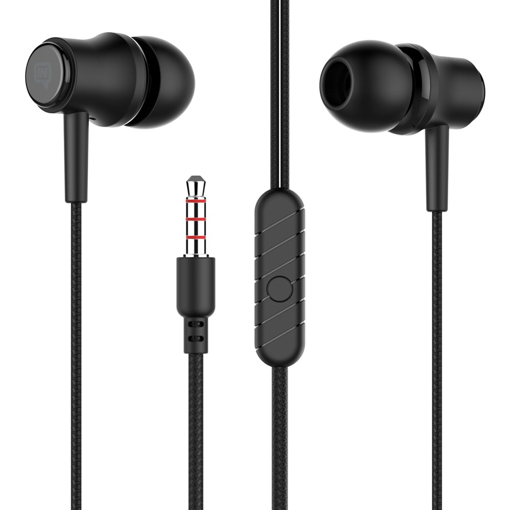 Uzaktan kumandalı siyah kulak içi kulaklık ve 3,5 mm jak.