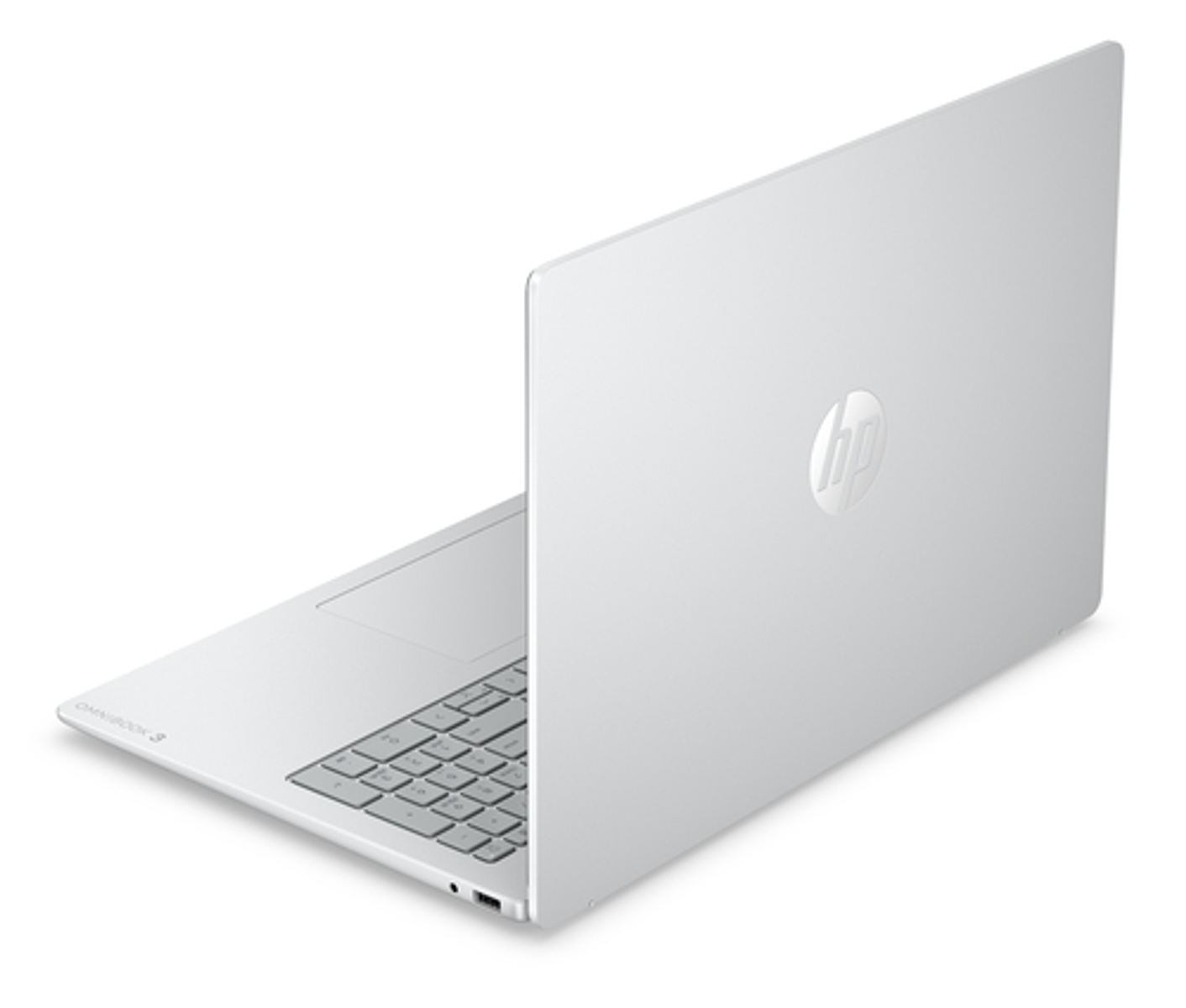 Se muestra un portátil HP OMNIBOOK 3 plateado en ángulo, con la tapa abierta y el teclado visible.