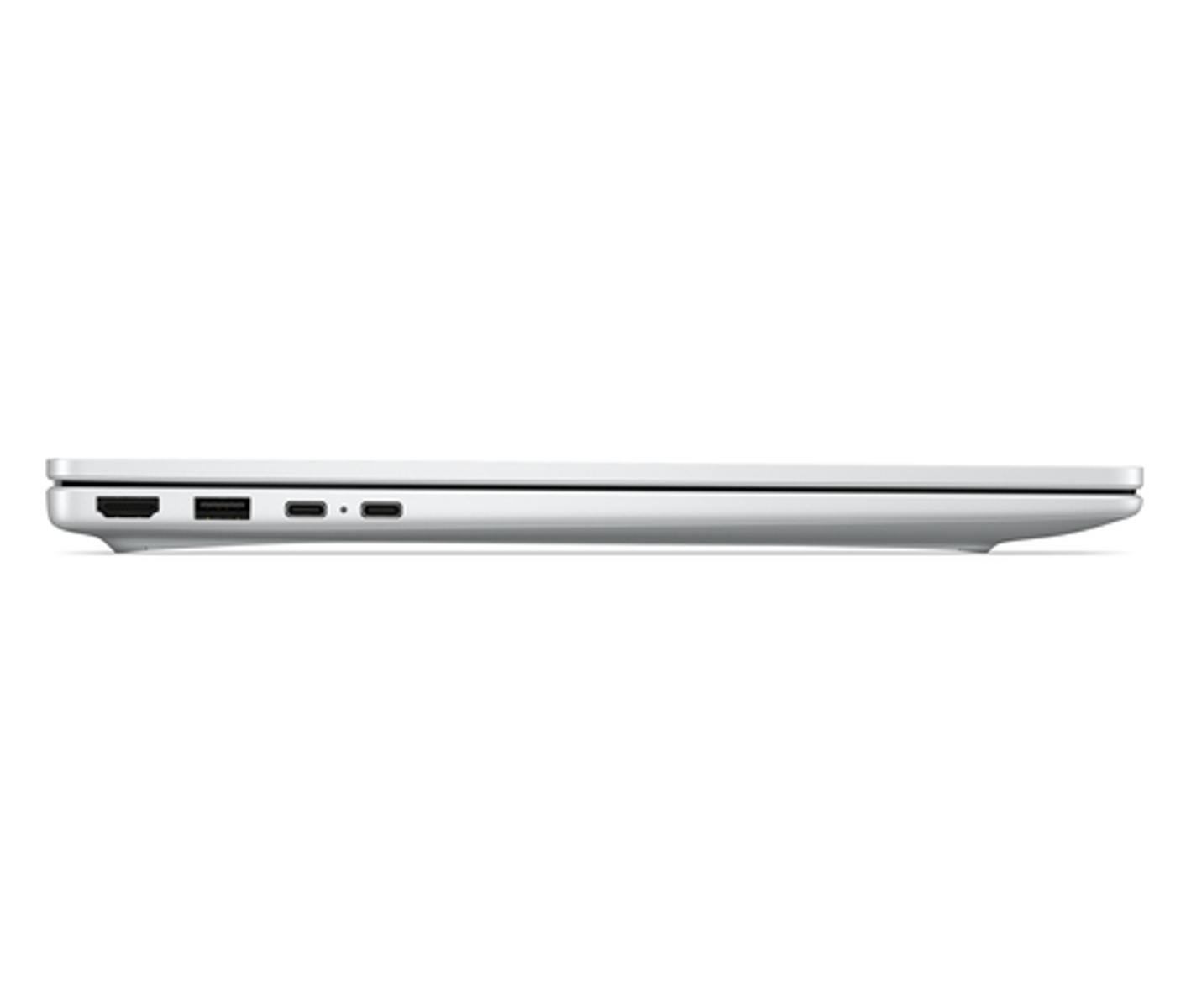 Vista lateral de un portátil blanco mostrando puertos HDMI, USB-A y dos USB-C.