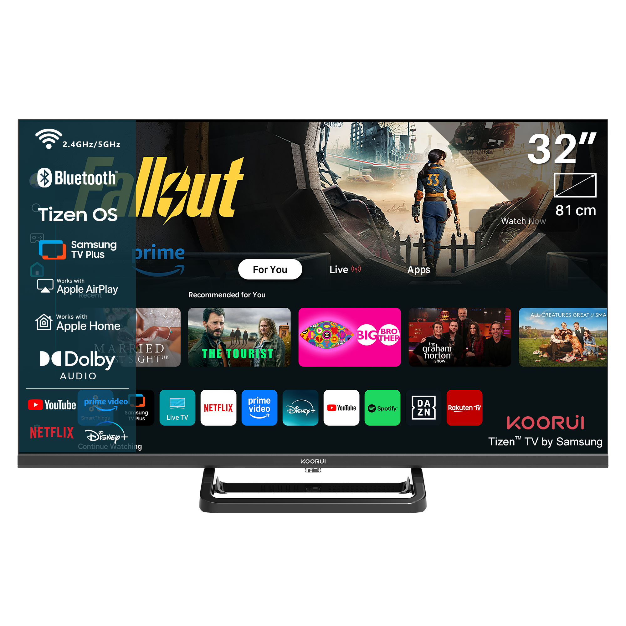 Ein 32-Zoll-Smart-TV mit Tizen OS, der „Fallout“-Startbildschirm, Apps und Sender.