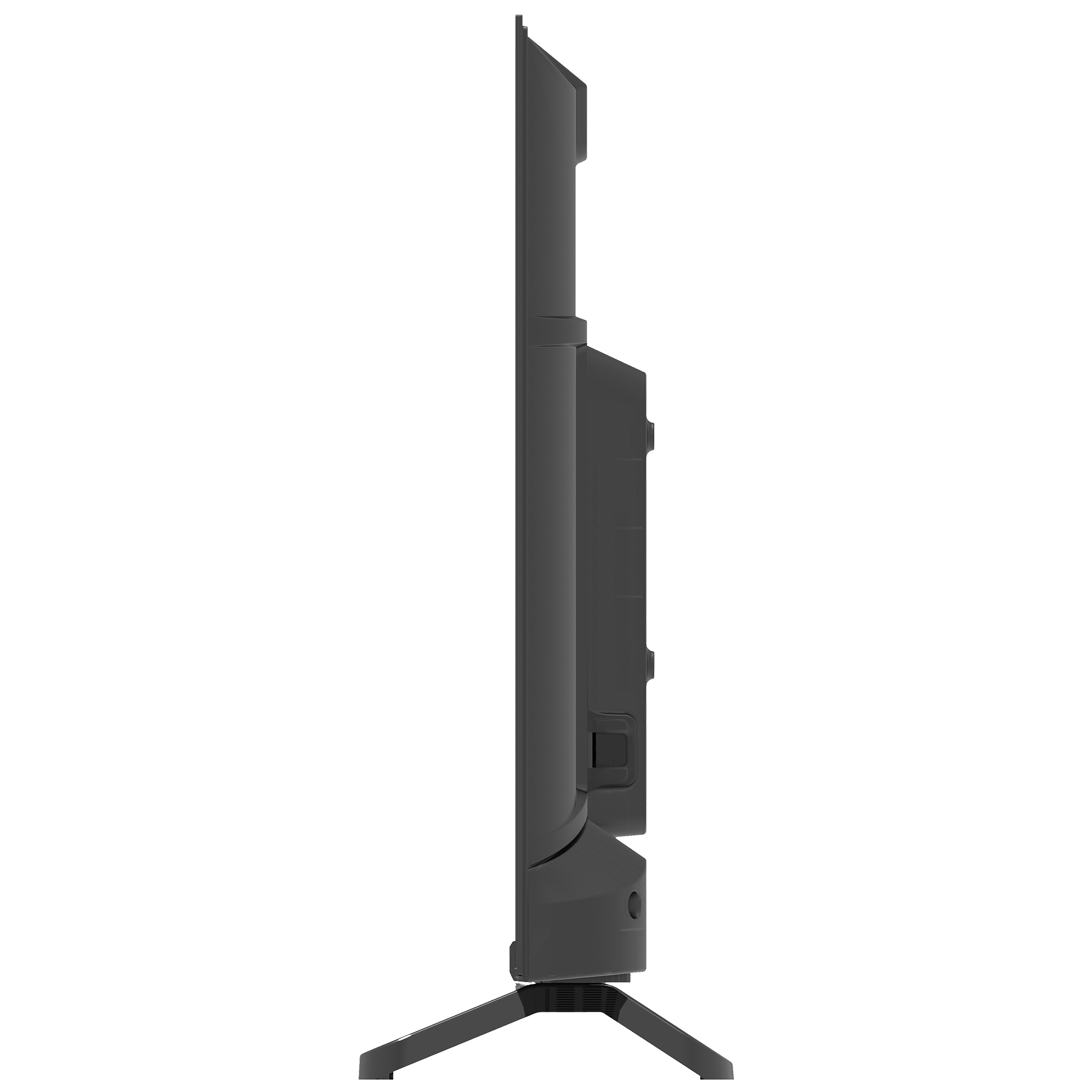 Black television in profile view on a white background with a stand.