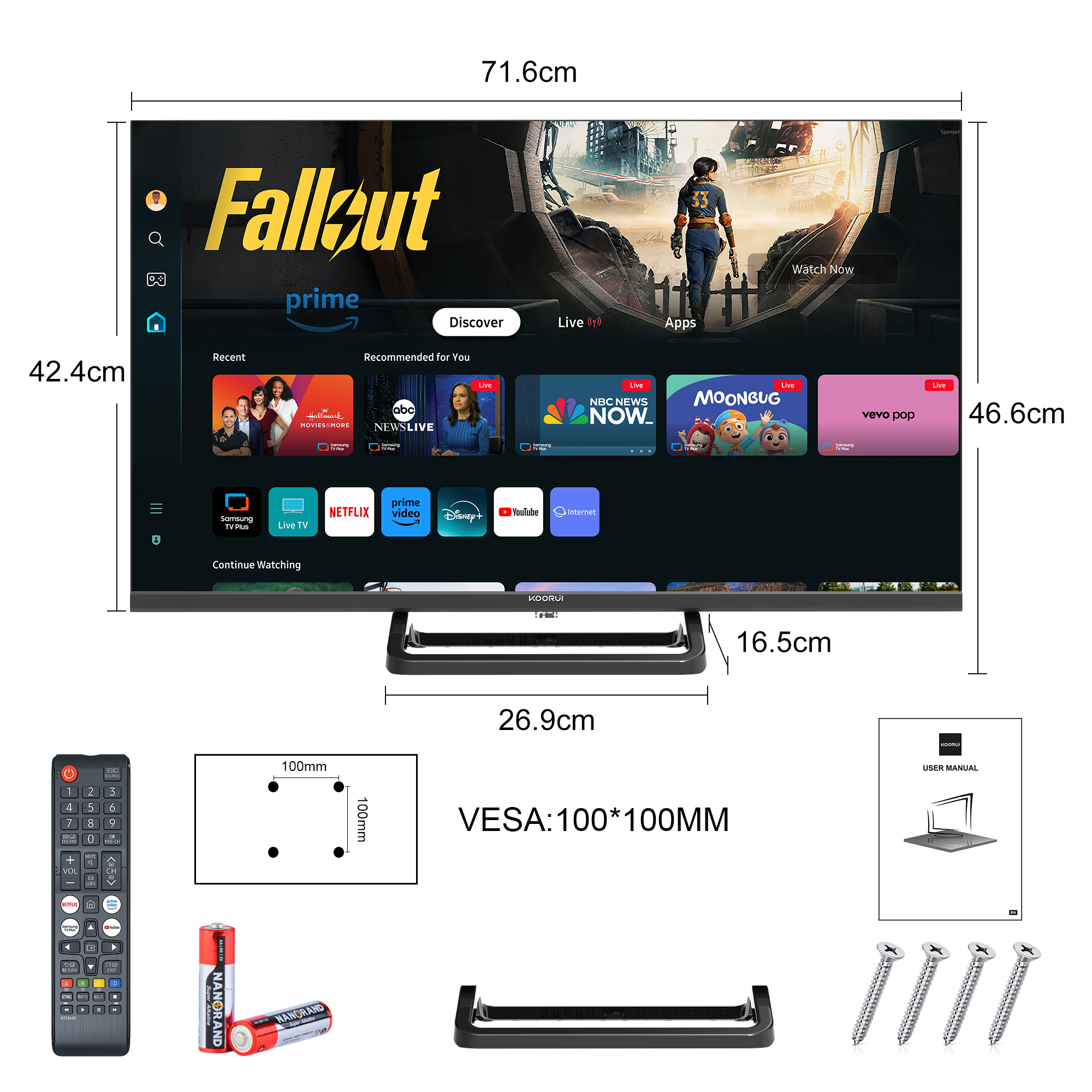 Fernseher mit Fernbedienung, Batterien, Ständer, Schrauben, Handbuch und VESA-Halterungsdiagramm.