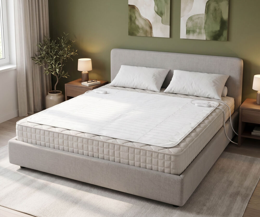 Ein Bett mit weißer Bettwäsche und einer elektrischen Decke, daneben ein Nachttisch mit Lampe.