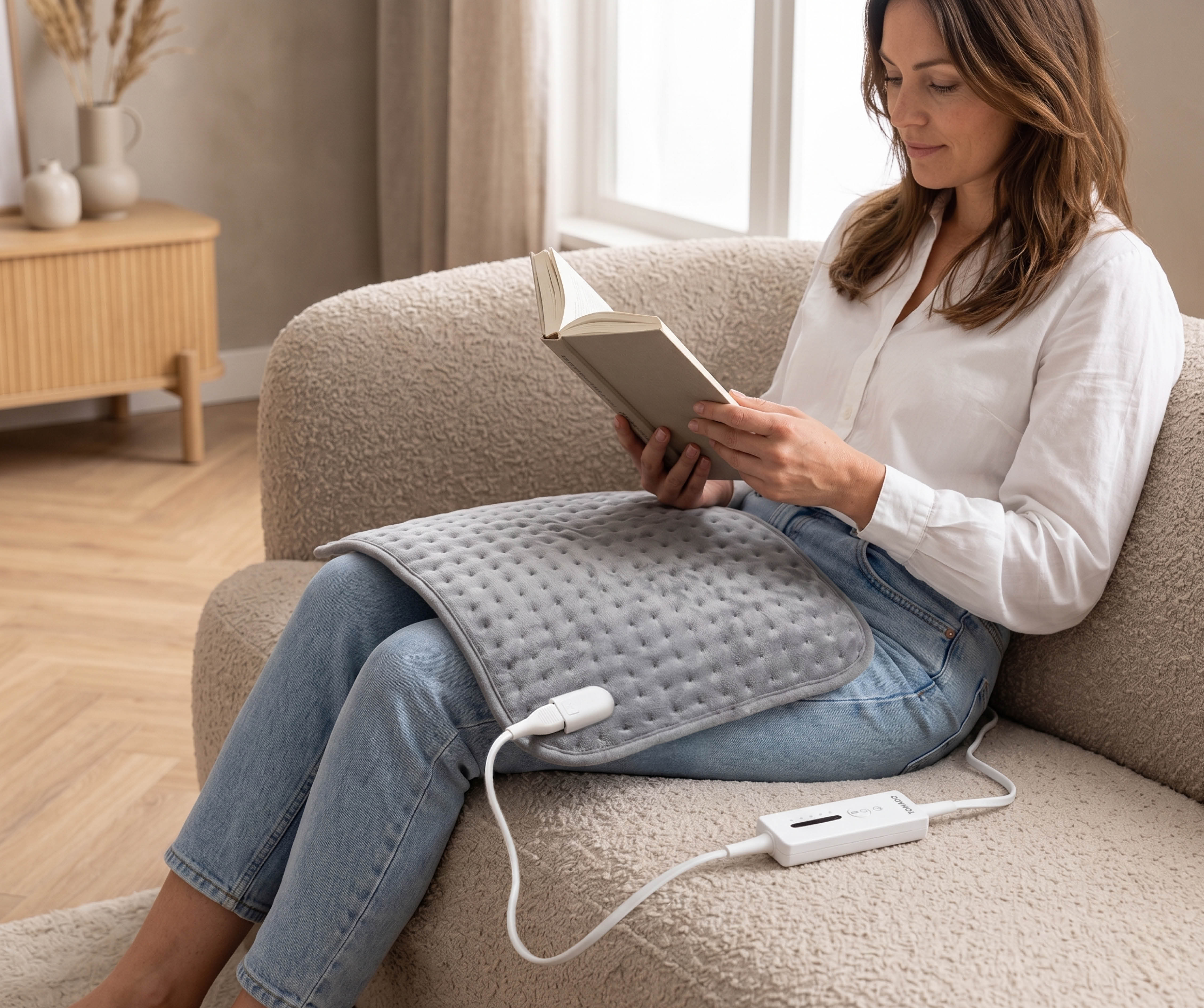 Eine Frau liest ein Buch, während sie auf einem Sofa sitzt und eine Heizdecke benutzt.