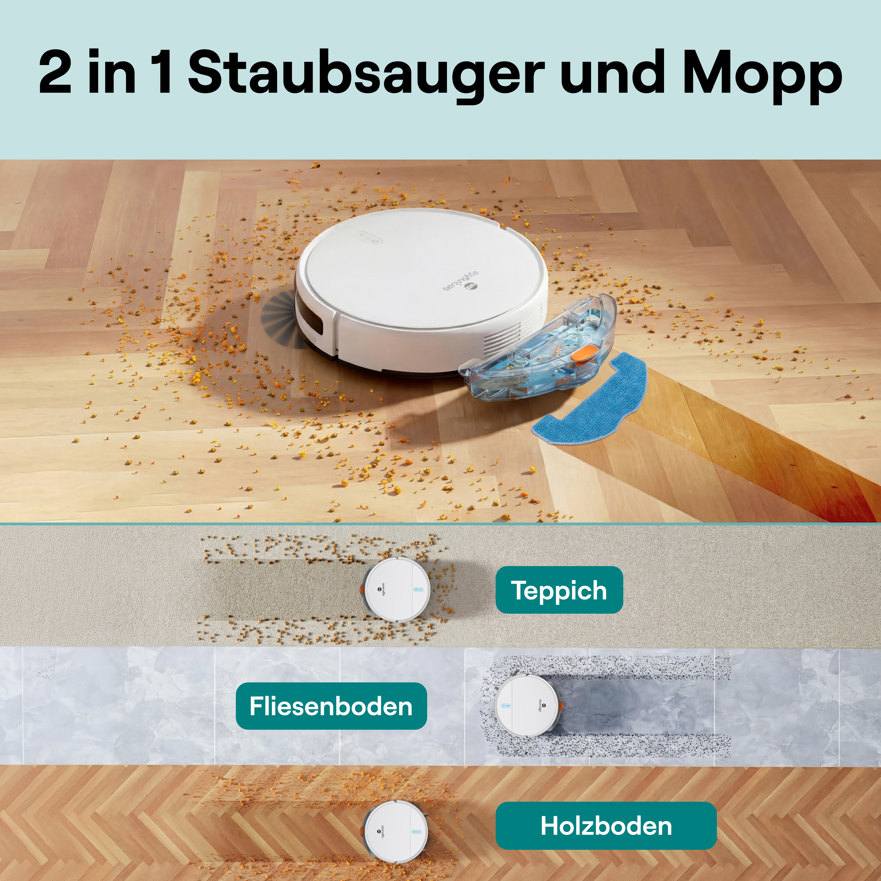 Ein weißer Saugroboter mit Wassertank auf Holzboden, daneben Teppich, Fliesen und Holzboden.