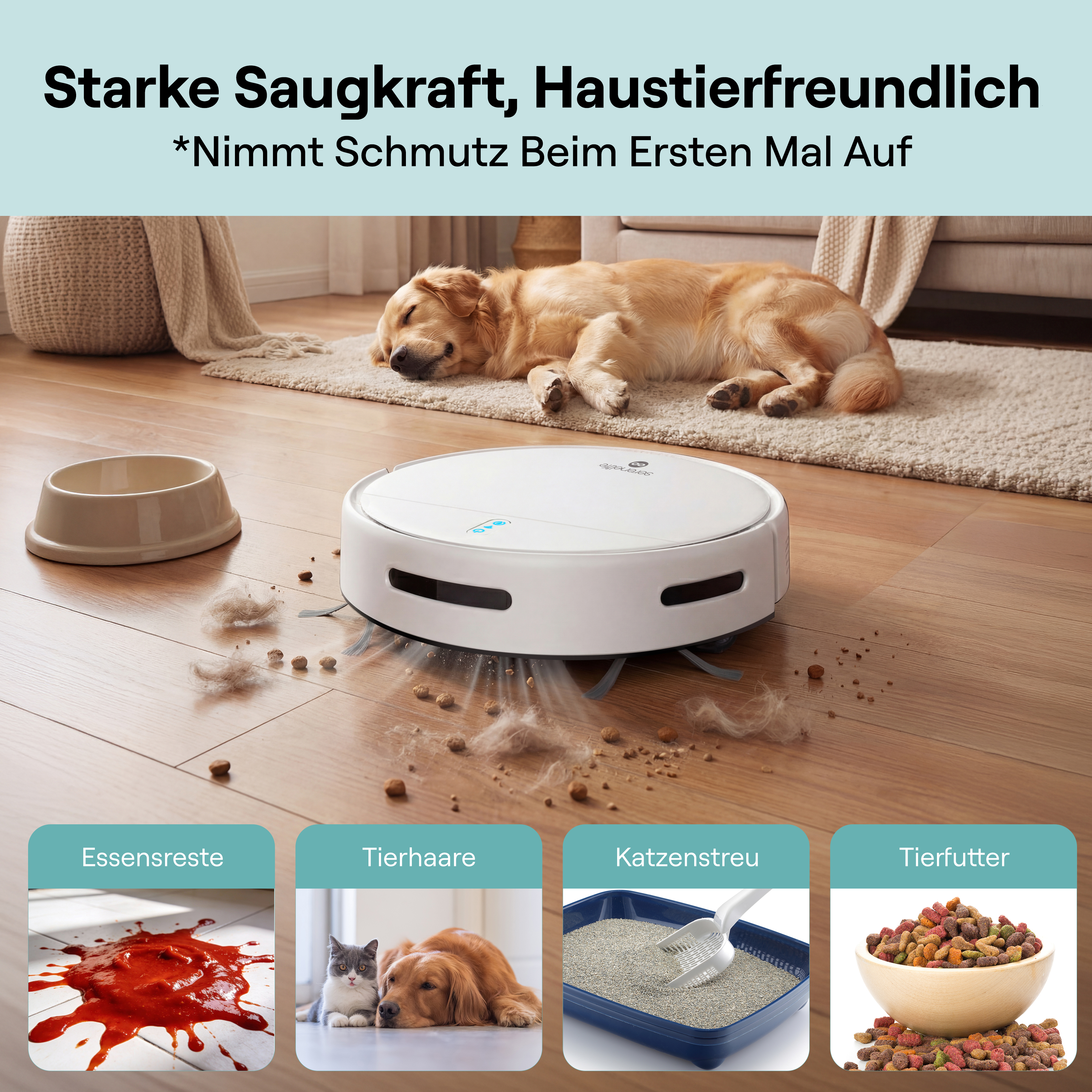 Ein Roboter-Staubsauger reinigt Holzfußböden, ein Hund schläft neben dem Teppich.