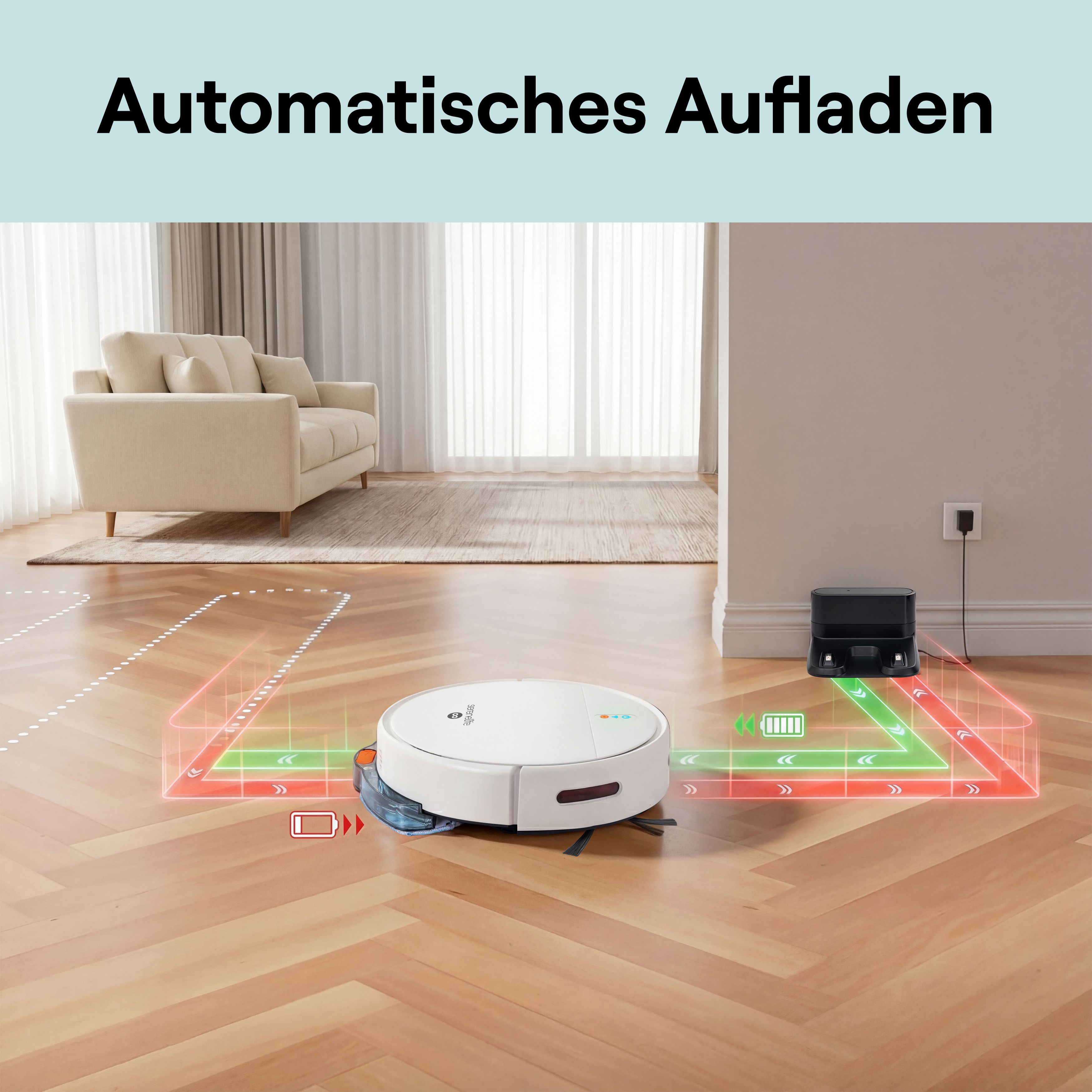 Ein weißer Saugroboter fährt auf einem Holzboden zur Ladestation.