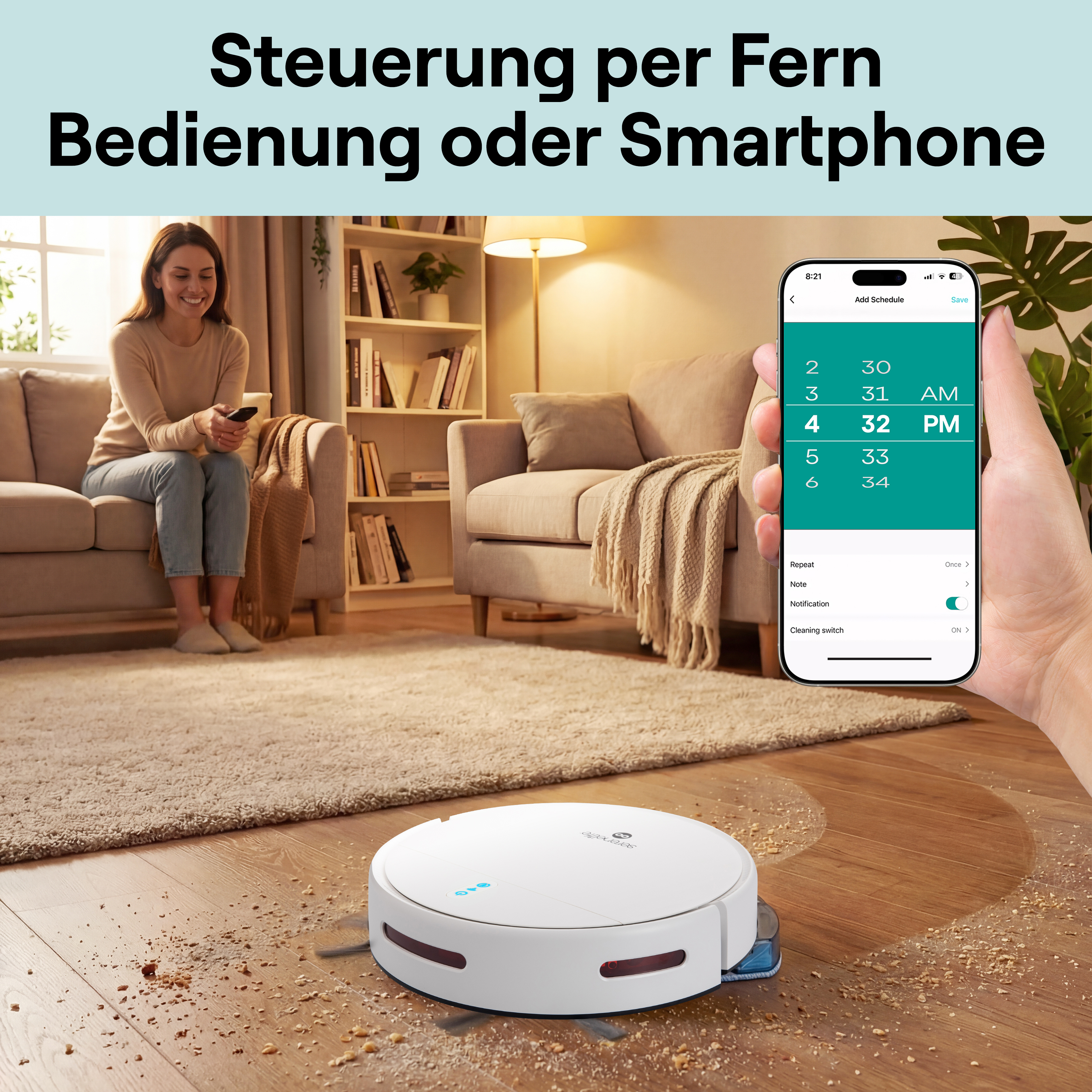 Ein Saugroboter reinigt einen Holzboden, während eine Frau eine Fernbedienung hält.
