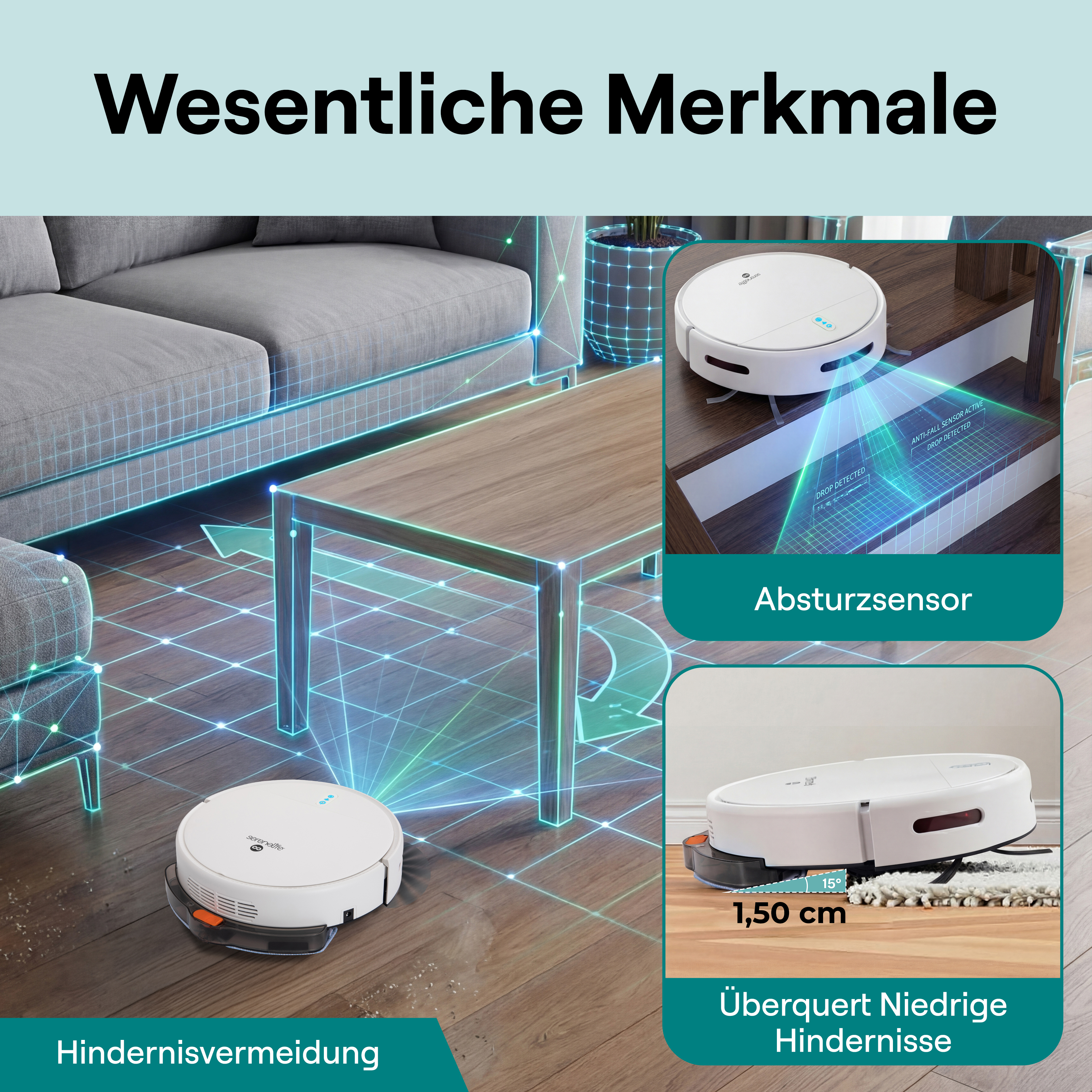 Ein weißer Saugroboter reinigt einen Holzboden, mit Grafiken zu Sensoren und Hindernissen.