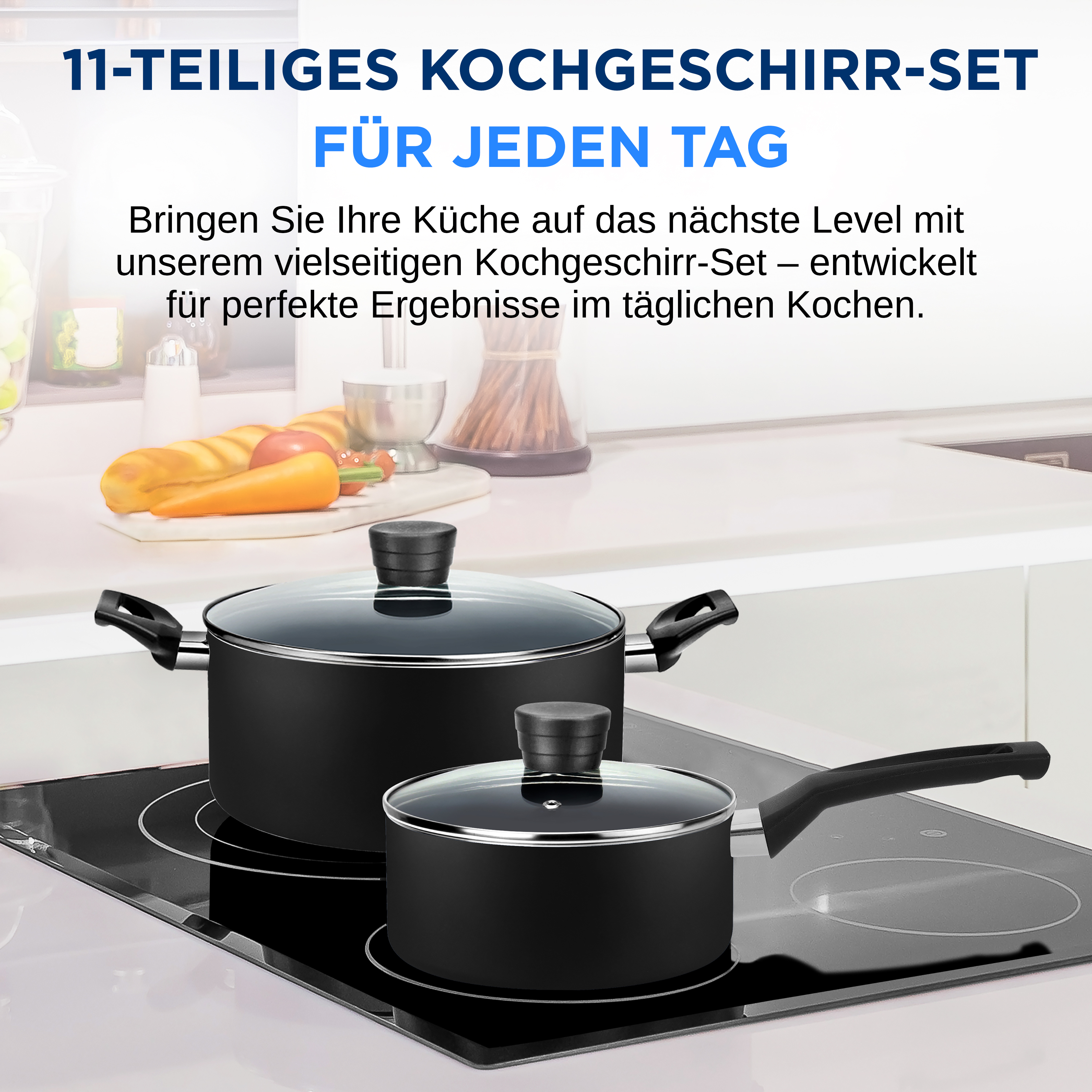 Zwei schwarze Kochtopfe mit Glasdeckeln auf einem Induktionskochfeld.