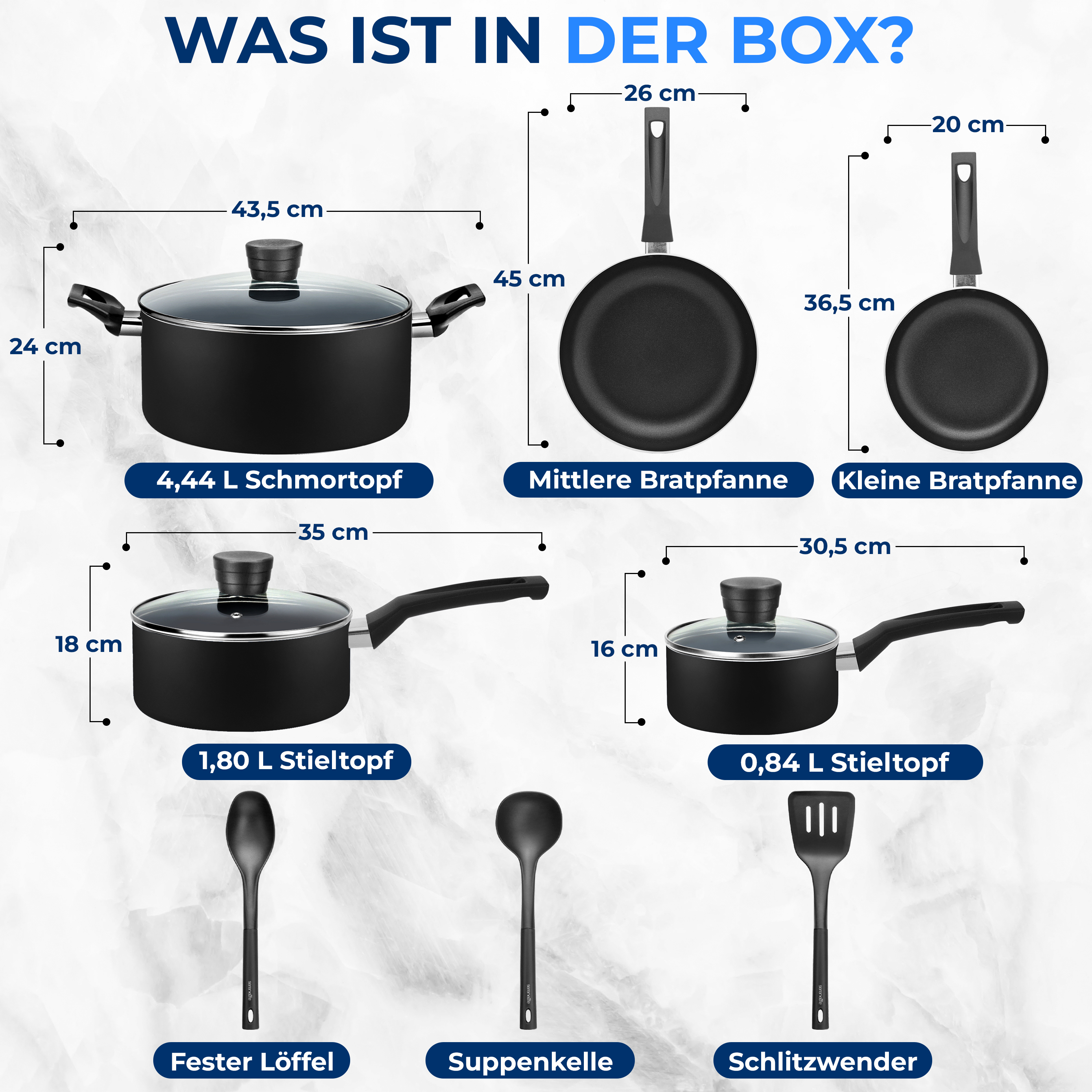 Kochgeschirr-Set mit Töpfen, Pfannen und Küchenhelfern.