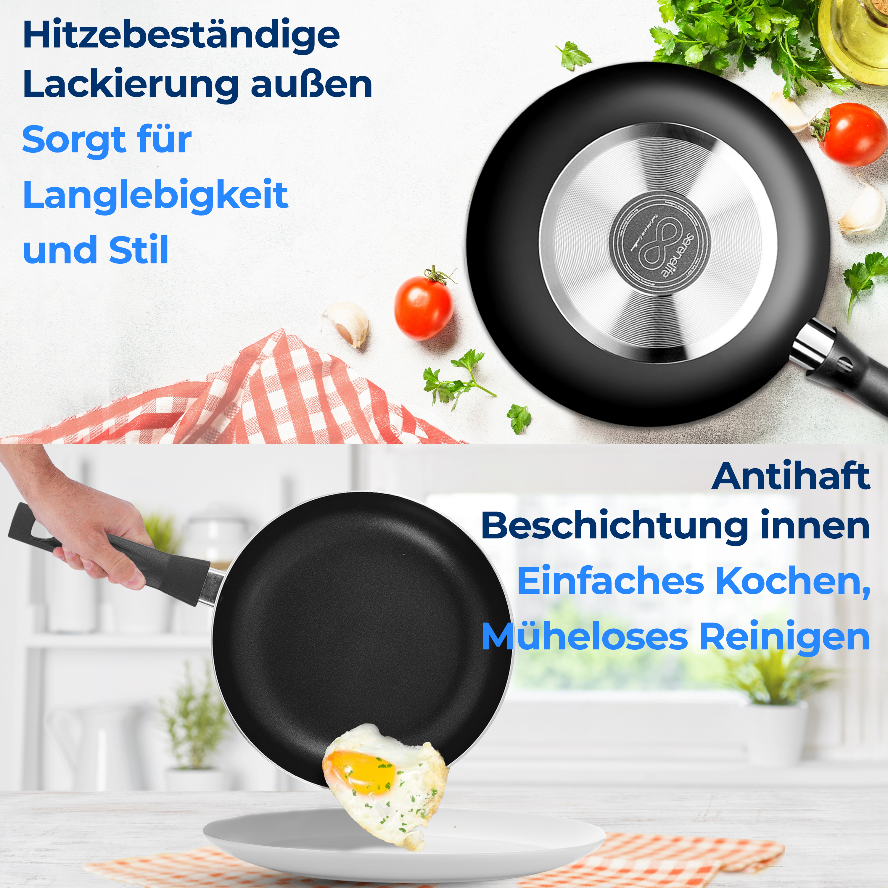 Pfanne mit Hitzeschutz außen und Antihaftbeschichtung innen. Herz-Ei.