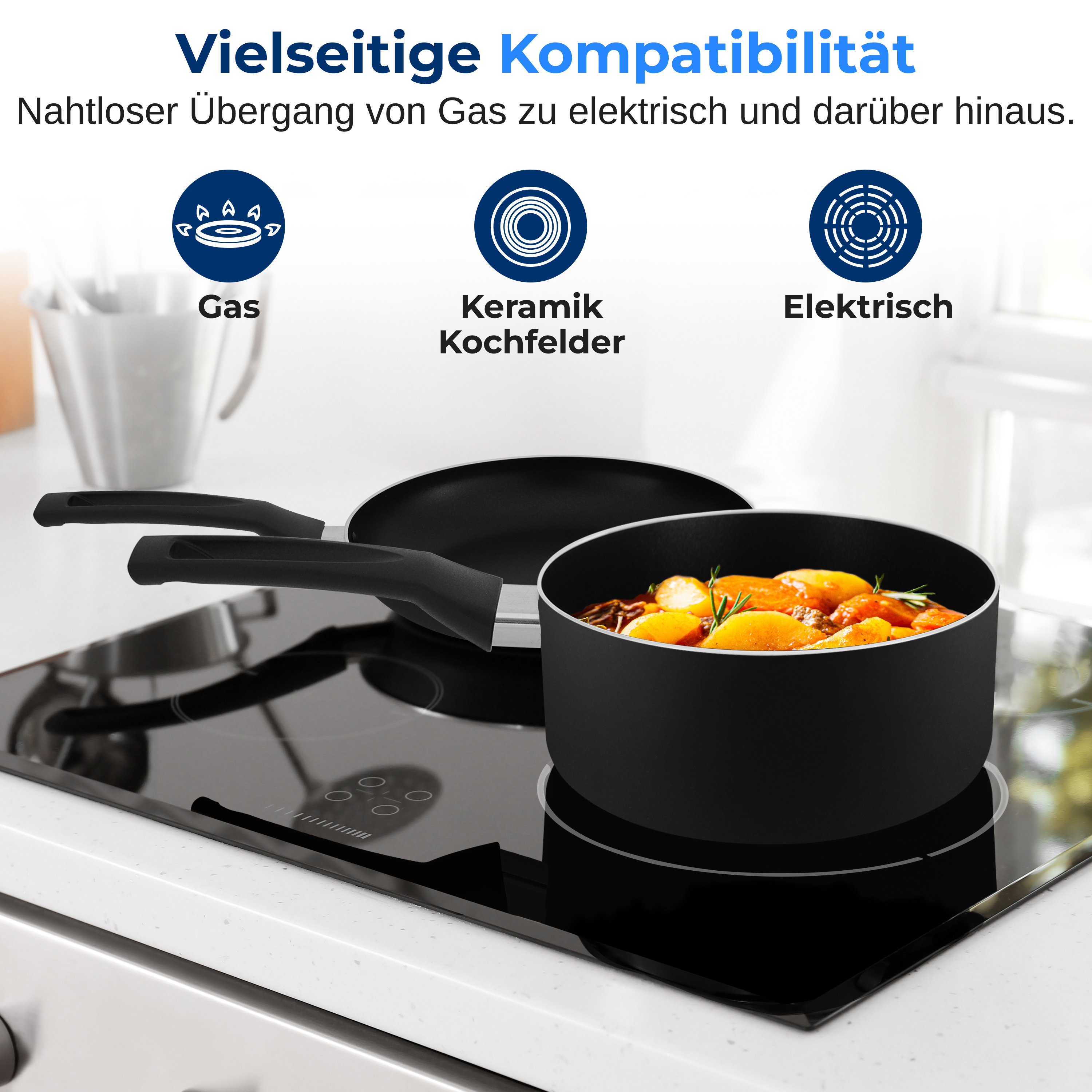 Ein Induktionskochfeld mit Töpfen und Pfannen. Symbol für Gas, Keramik und Elektro.