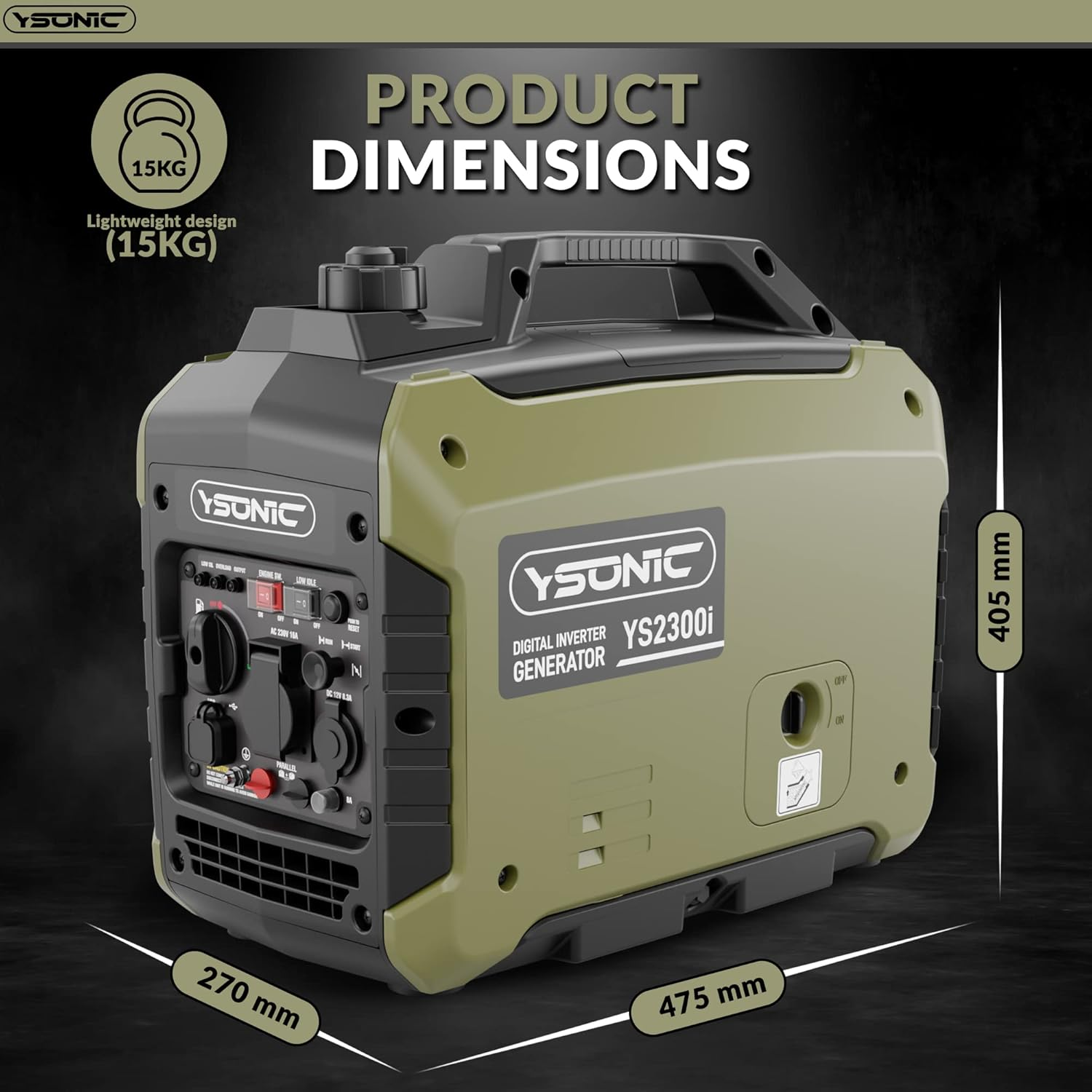 Ein olivgrüner YSONIC YS2300i Digital-Inverter-Generator mit Maßen 270x475x405mm und 15kg.
