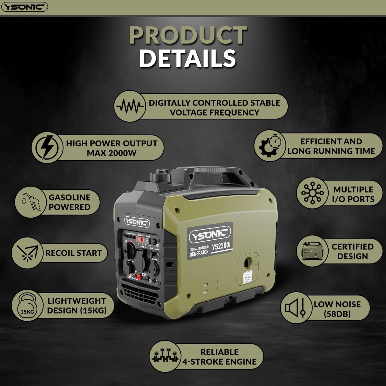 Ein grüner Ysonic Digital-Inverter-Generator mit Produktmerkmalen.
