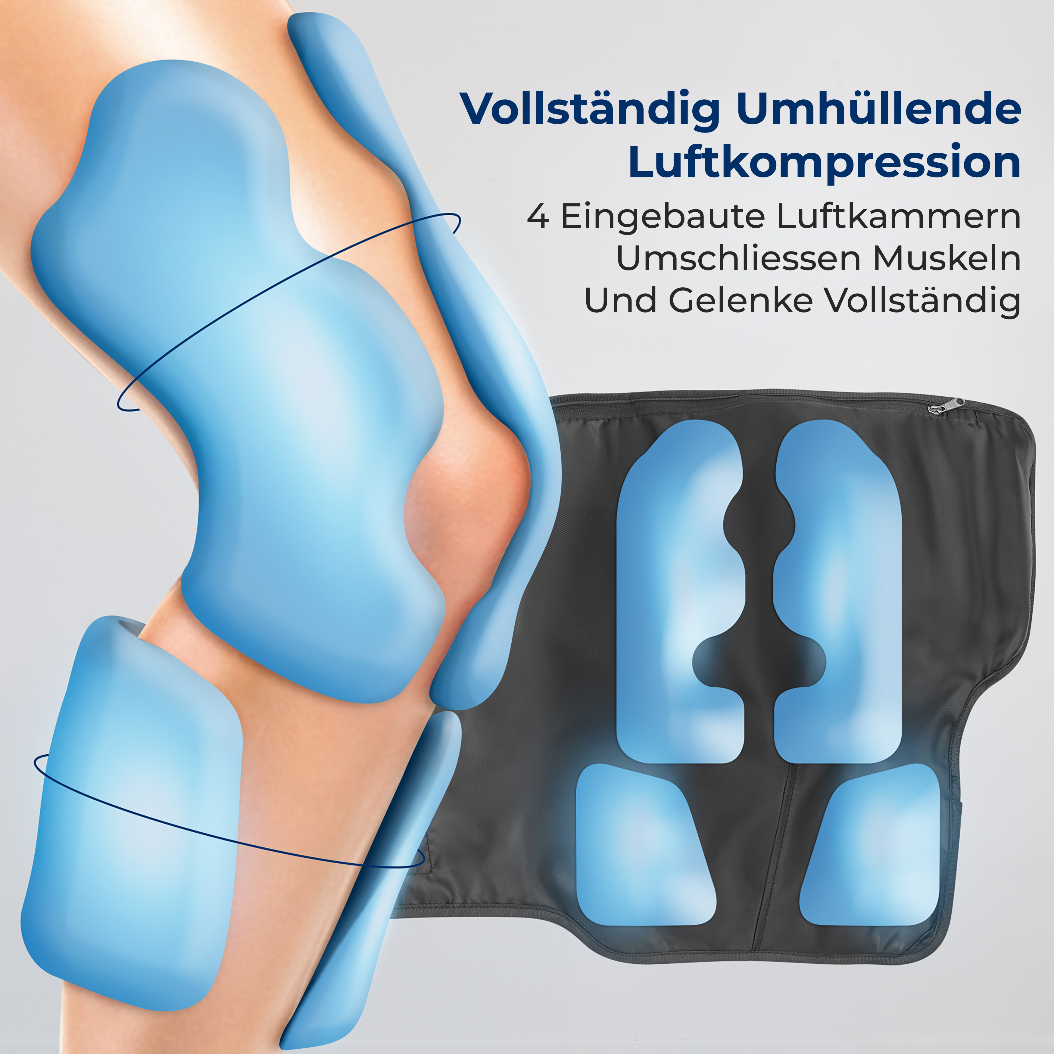 Manicotto a compressione d'aria blu sulla gamba con 4 camere.