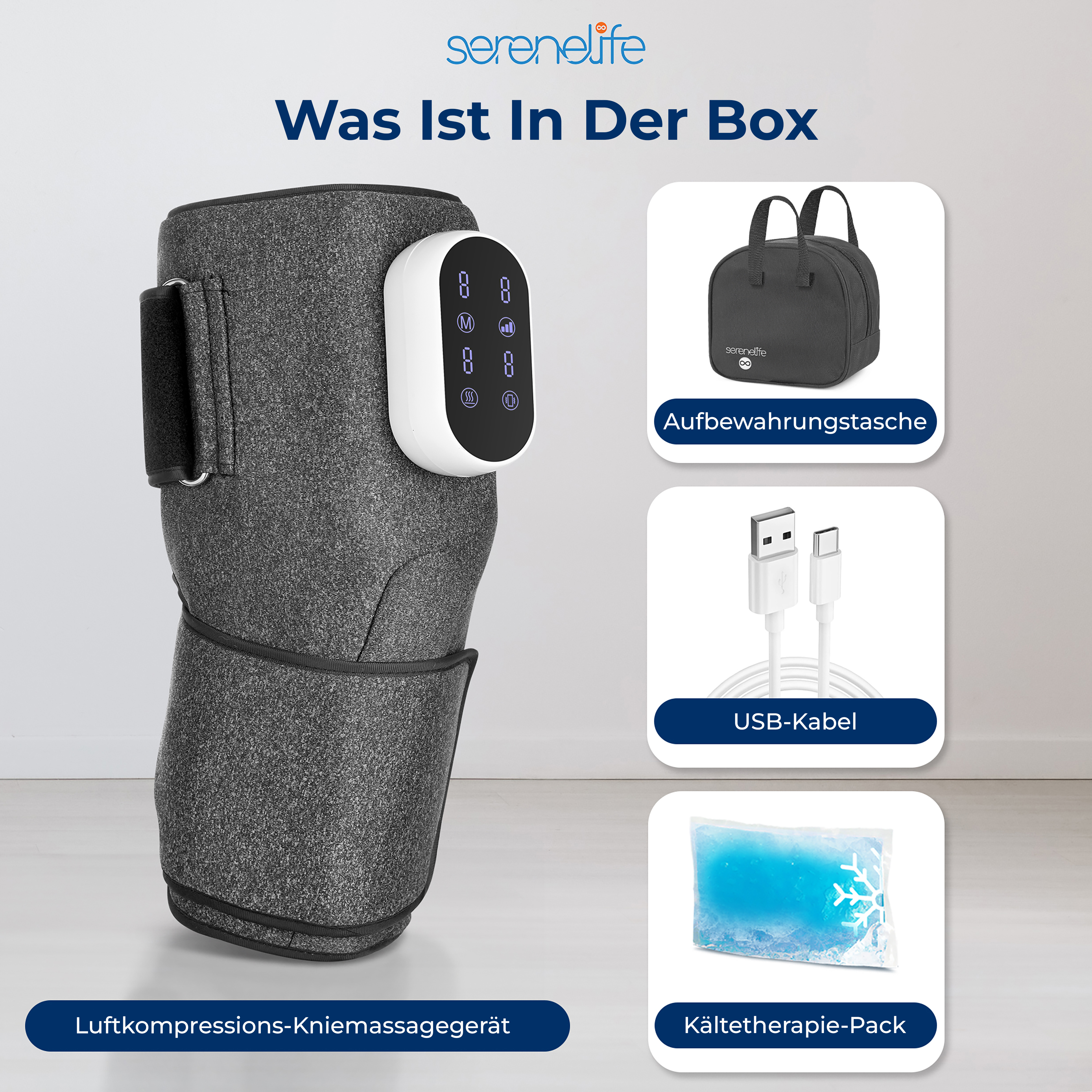 Massaggiatore per ginocchia a compressione d'aria con accessori: borsa, cavo, impacco freddo.